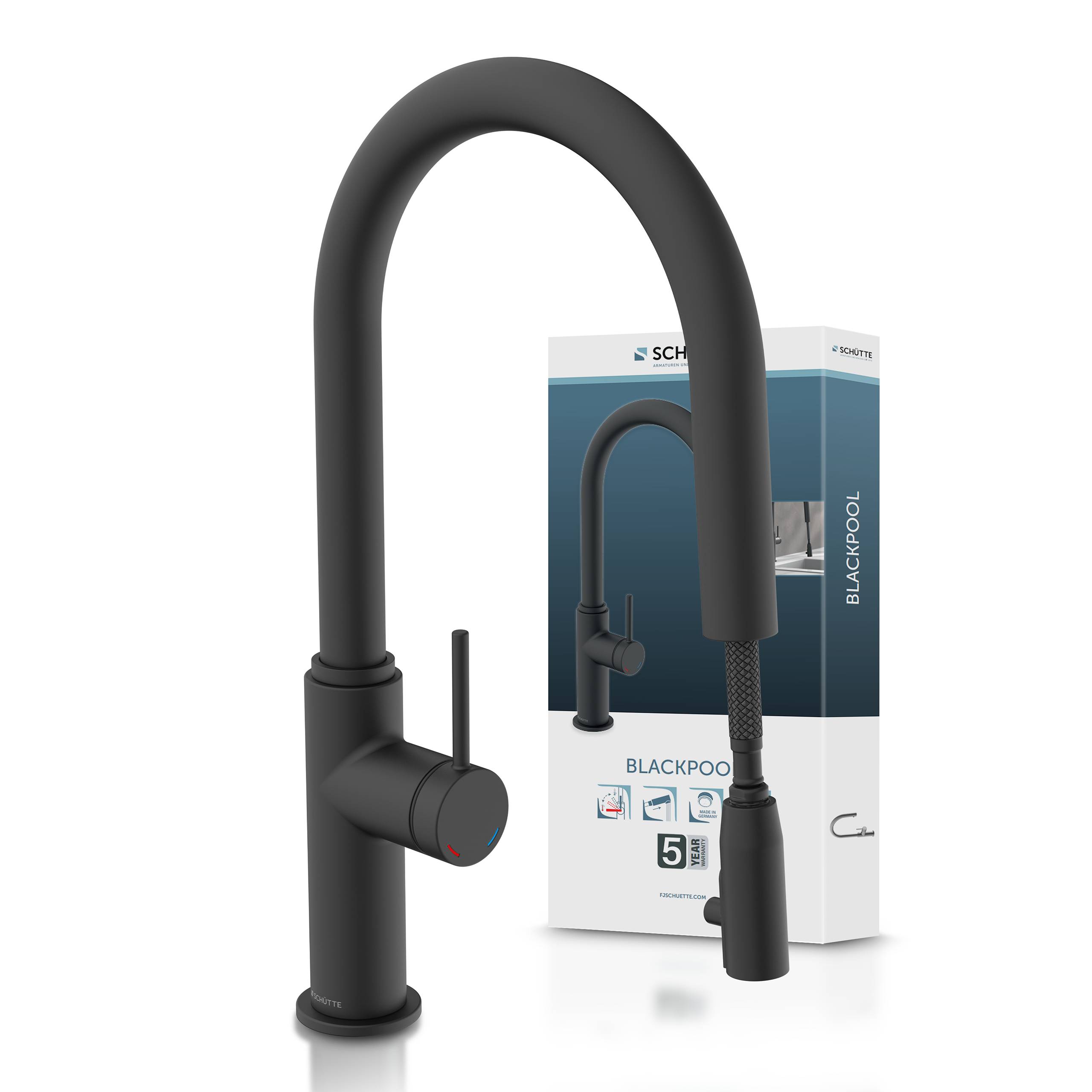 BLACKPOOL Spültischarmatur, Schwarz matt, mit herausziehbarem Auslauf