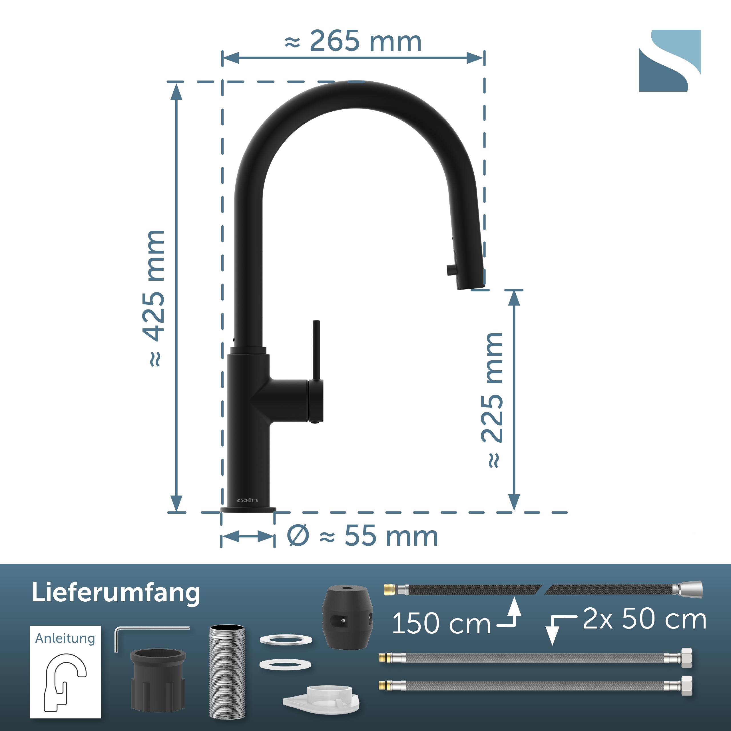 Technische Zeichnung eines schwarzen Küchenarmatur mit Abmessungen: ca. 265 mm breit, 425 mm hoch, 225 mm Auslaufhöhe, 55 mm Basisdurchmesser; enthält darunter Lieferumfang mit Schlauch und Einzelteilen.