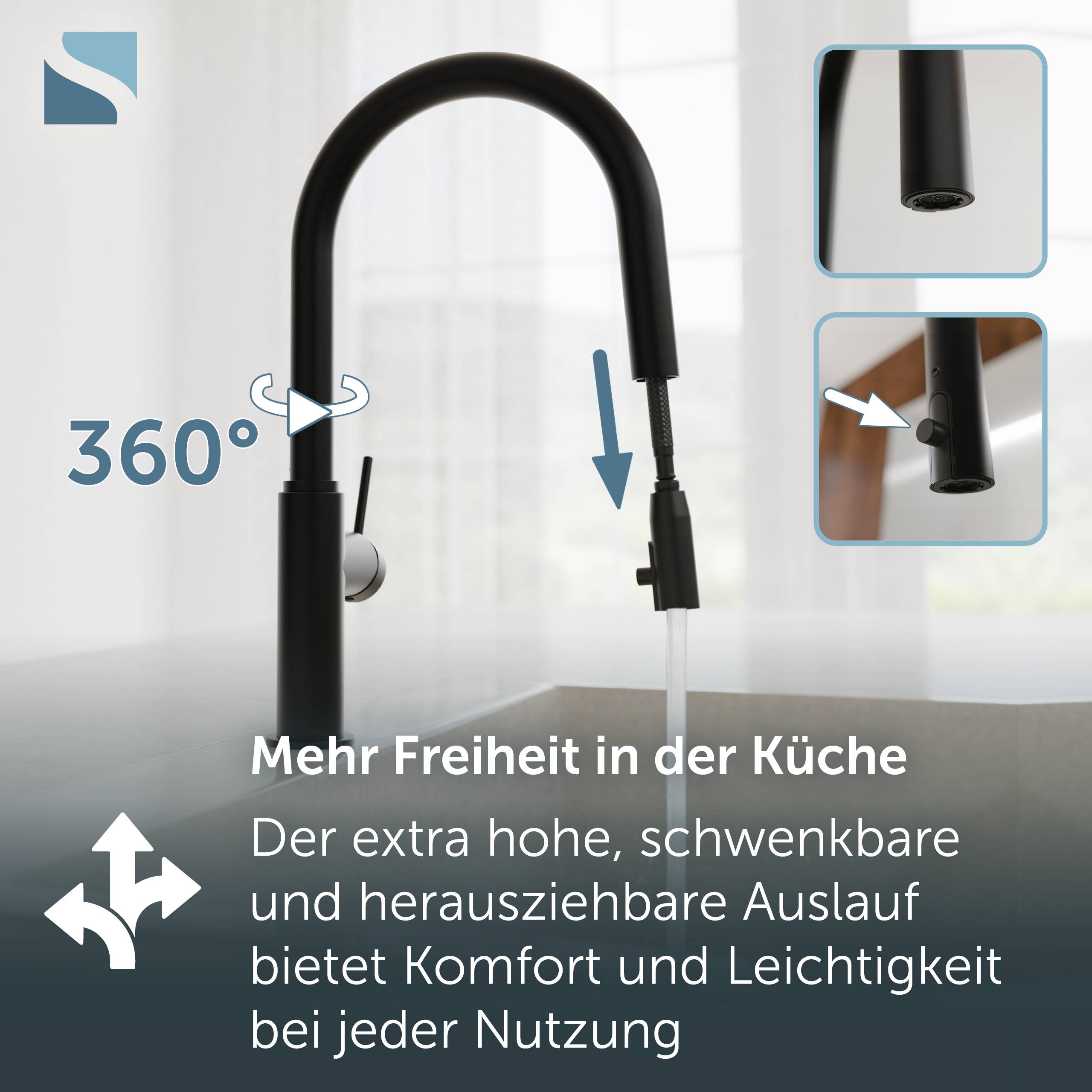Schwarzer Küchenarmatur mit hohem gebogenem Ausziehauslauf, gekennzeichnet mit 360° Schwenkung; deutscher Text besagt „Mehr Freiheit in der Küche" und hebt Flexibilität und Komfort hervor.