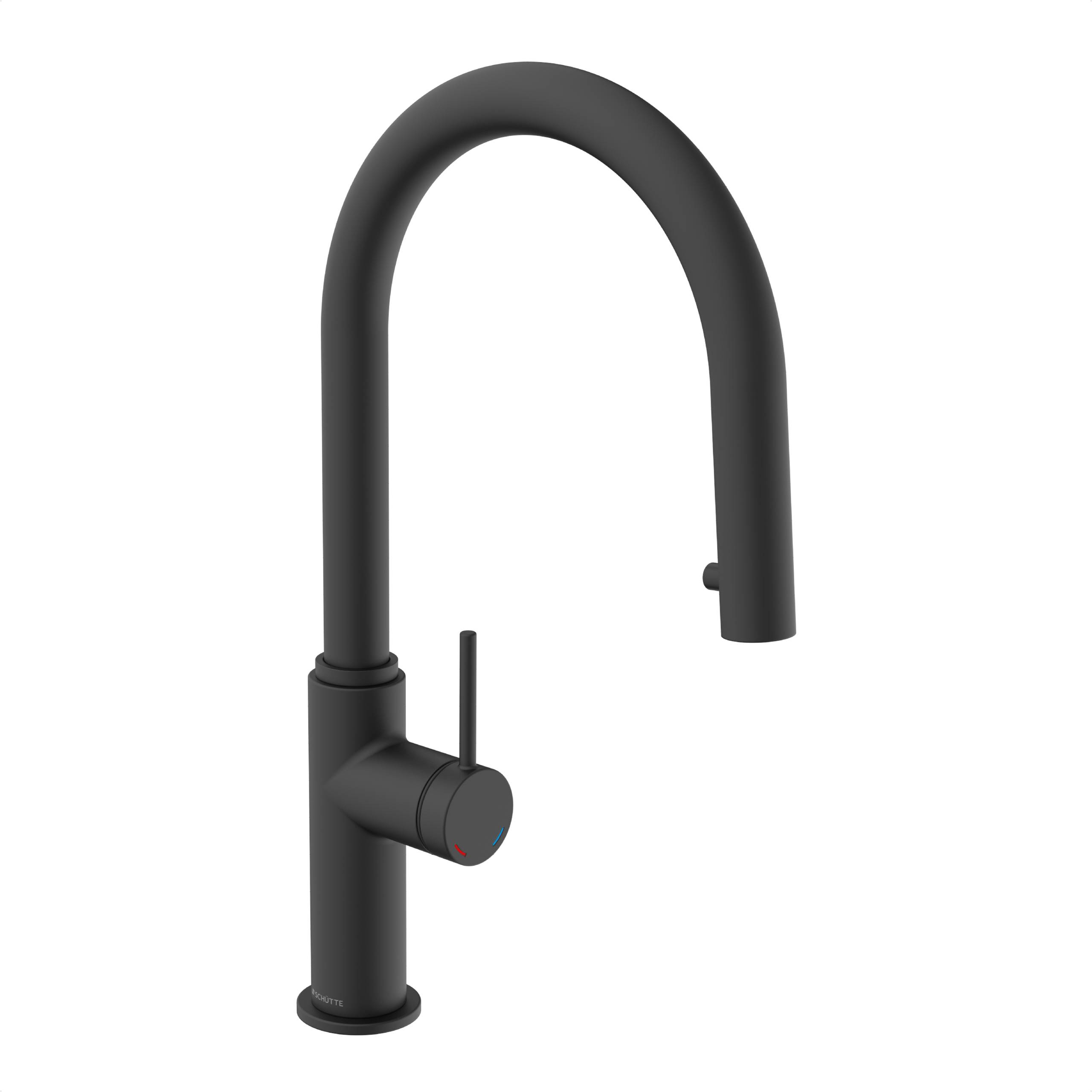 Ein schlanker, moderner Küchenarmatur in mattem Schwarz mit hohem Auslauf und seitlich angebrachtem Hebel, konzipiert für eine minimalistischen Ästhetik.