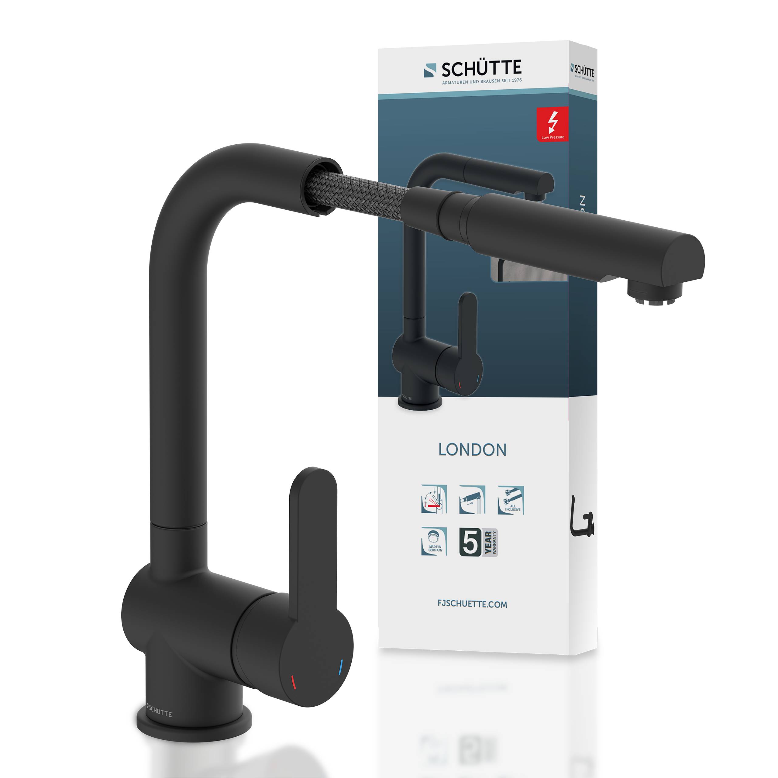 LONDON Spültischarmatur Niederdruck, Schwarz matt, mit herausziehbarem Auslauf