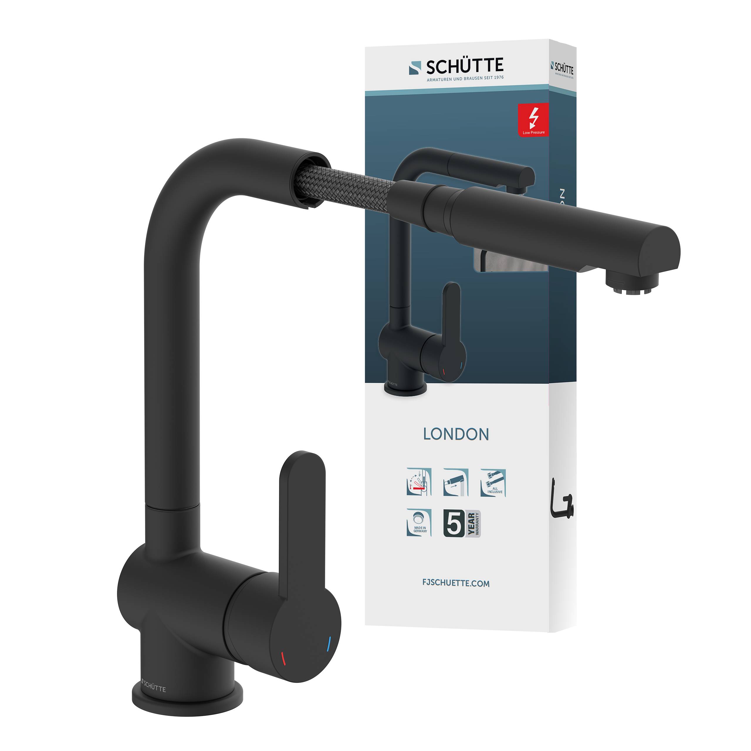LONDON Spültischarmatur Niederdruck, Schwarz matt, mit herausziehbarem Auslauf