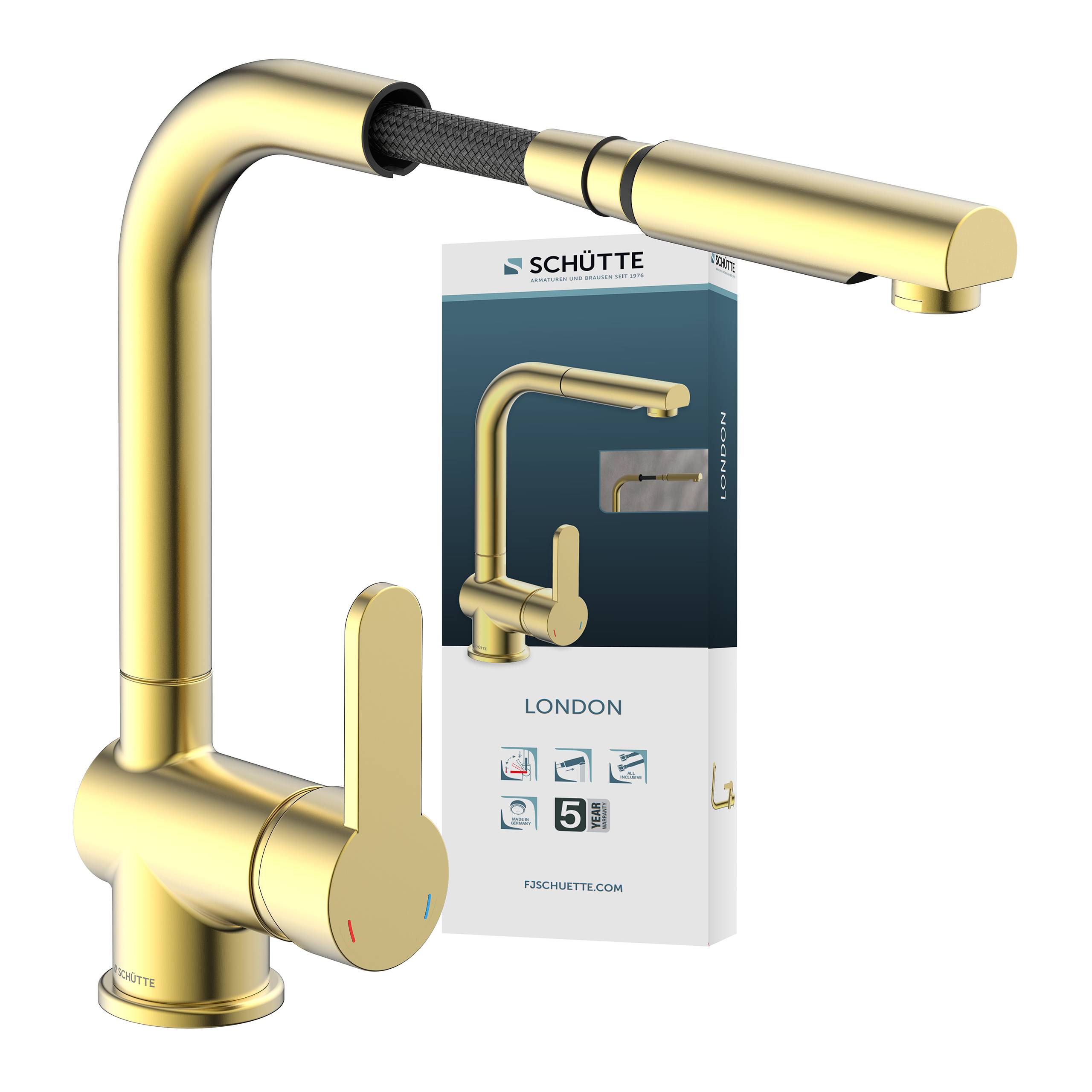 Goldene Küchenarmatur mit ausziehbarem Auslauf neben einer Box, die die Marke und Modellabbildung von 'Schütte London' zeigt.
