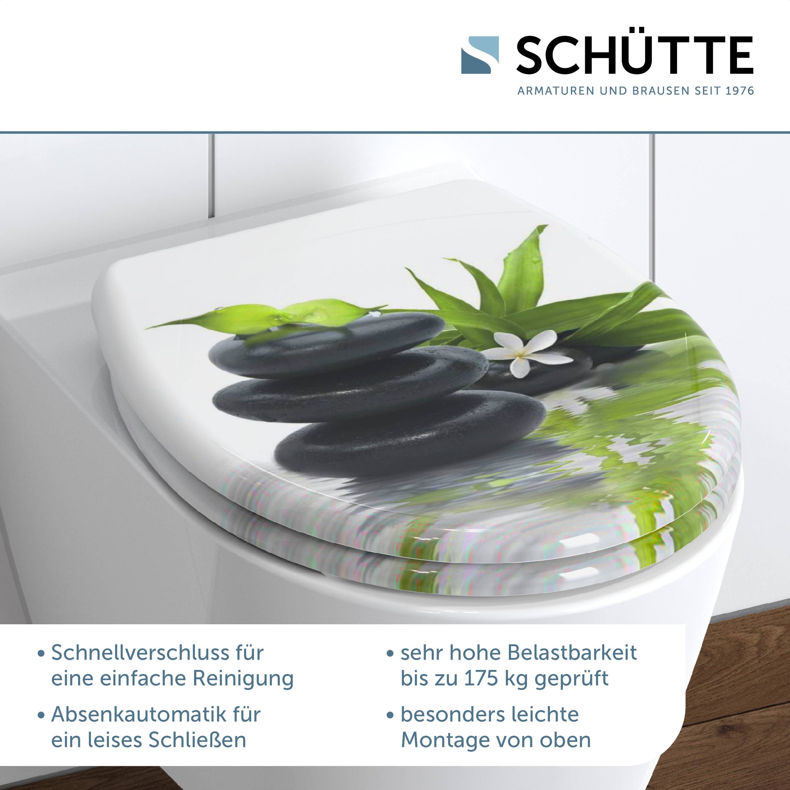 Schütte Toilettensitz-Anzeige mit weich schließendem, schnell abbaubarem Sitz mit dekorativen Steinen und Blättern; Text hebt einfache Reinigung, 175-kg-Belastungsprüfung und Top-Montage hervor.