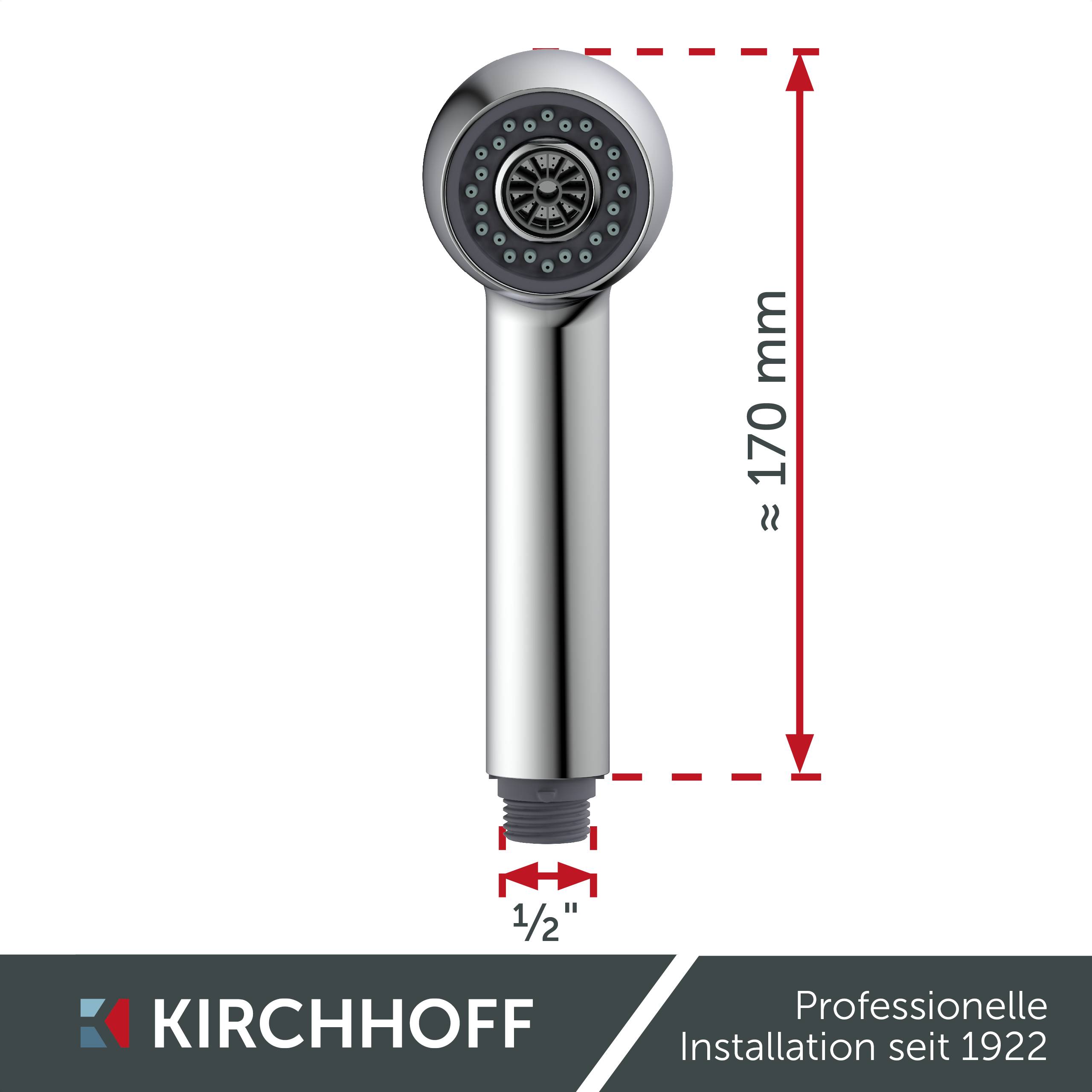 Ein verchromter Duschkopf mit einer Höhe von etwa 170 mm und einem 1/2-Zoll-Anschluss. Branding und Text „Professionelle Installation seit 1922