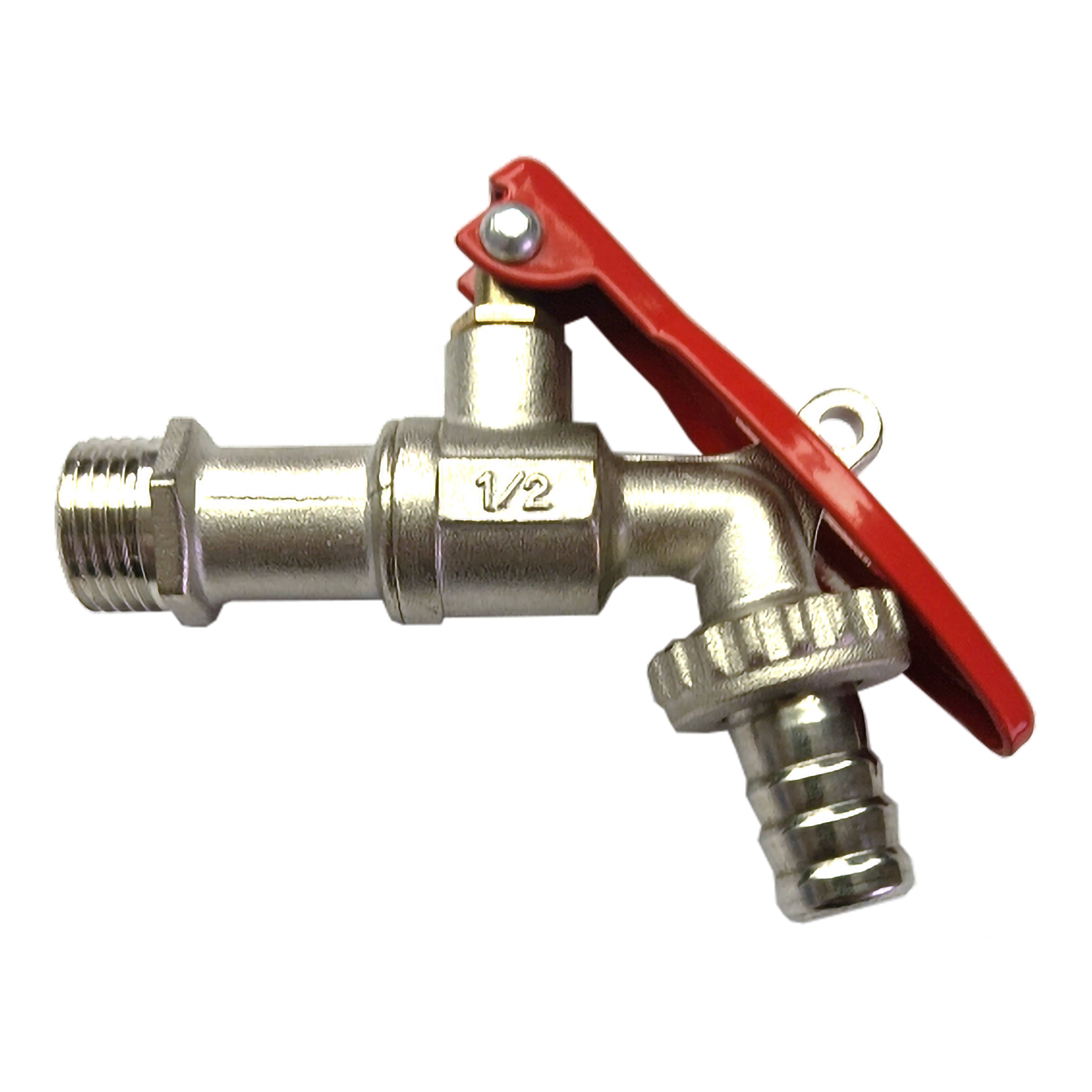 MS Kugel-Auslaufhahn, nickel, 1/2"AG x 3/4"AG x 1/2" T, abschließbar