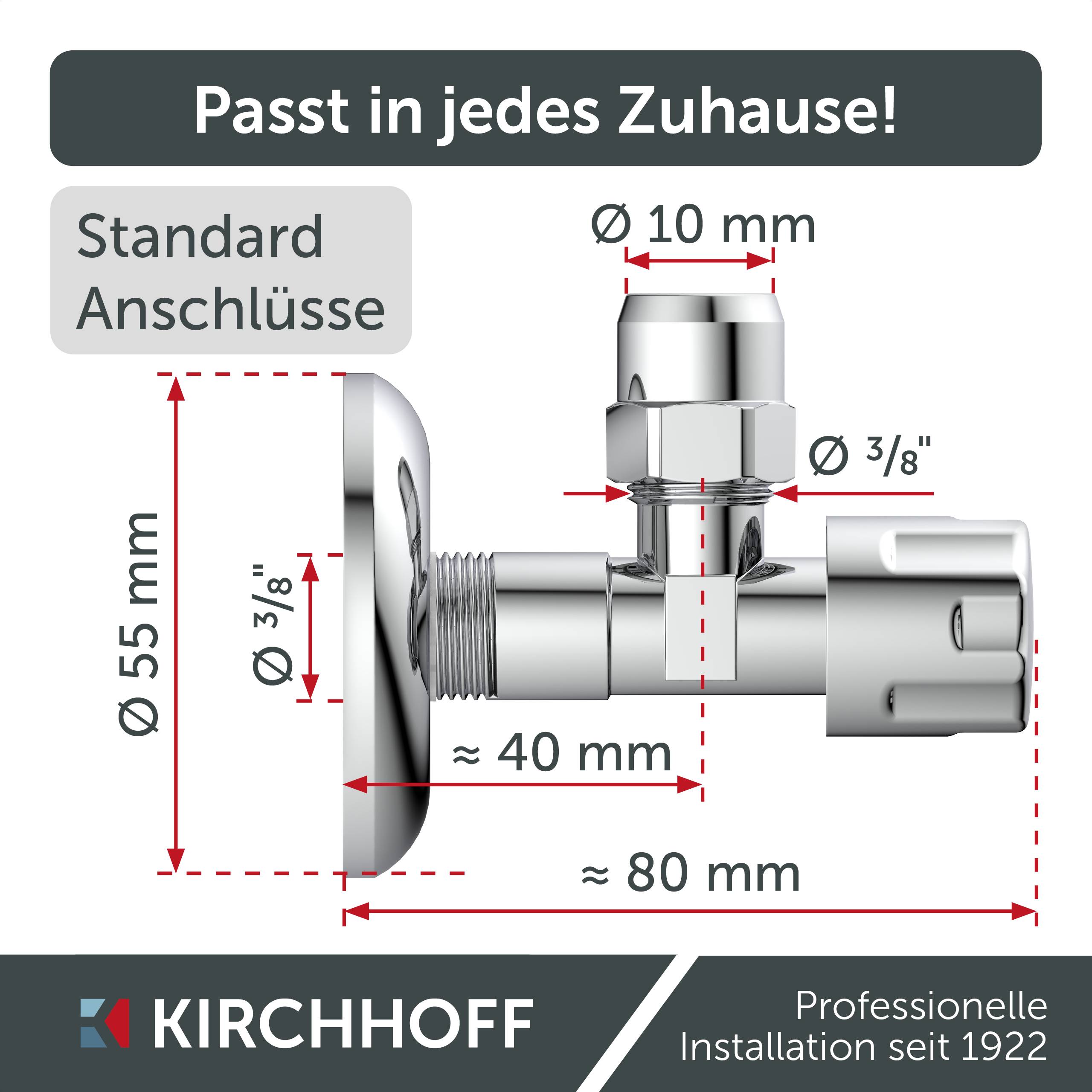 Eckventil, Chrom, 3/8"AG x 10 mmQ, mit Schubrosette, selbstdichtend