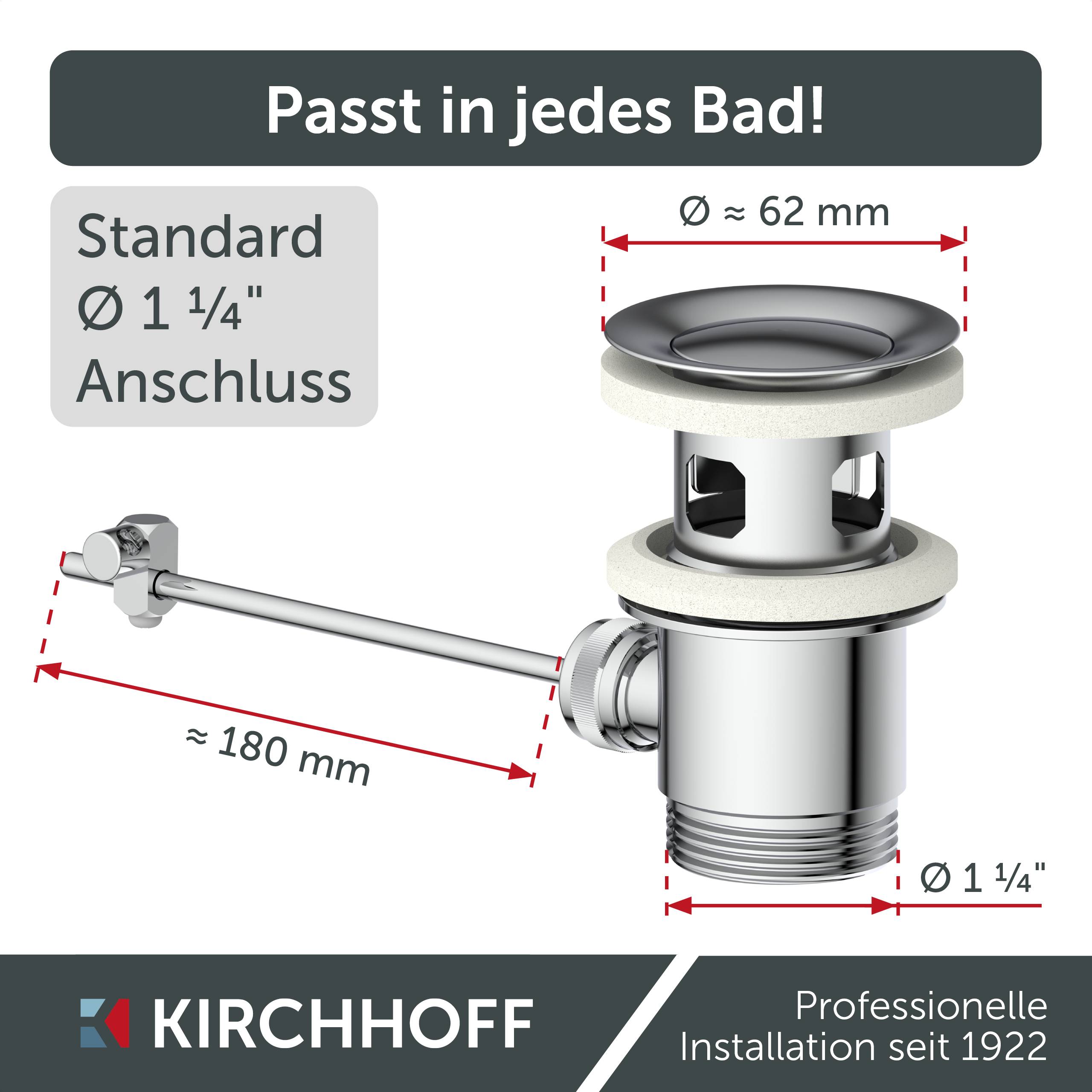 Grafik eines Waschbeckens-Ablaufs mit Maßangaben: Durchmesser 62 mm, Länge 180 mm. Text: 'Passt in jedes Bad!', 'Standard Ø 1 1/4
