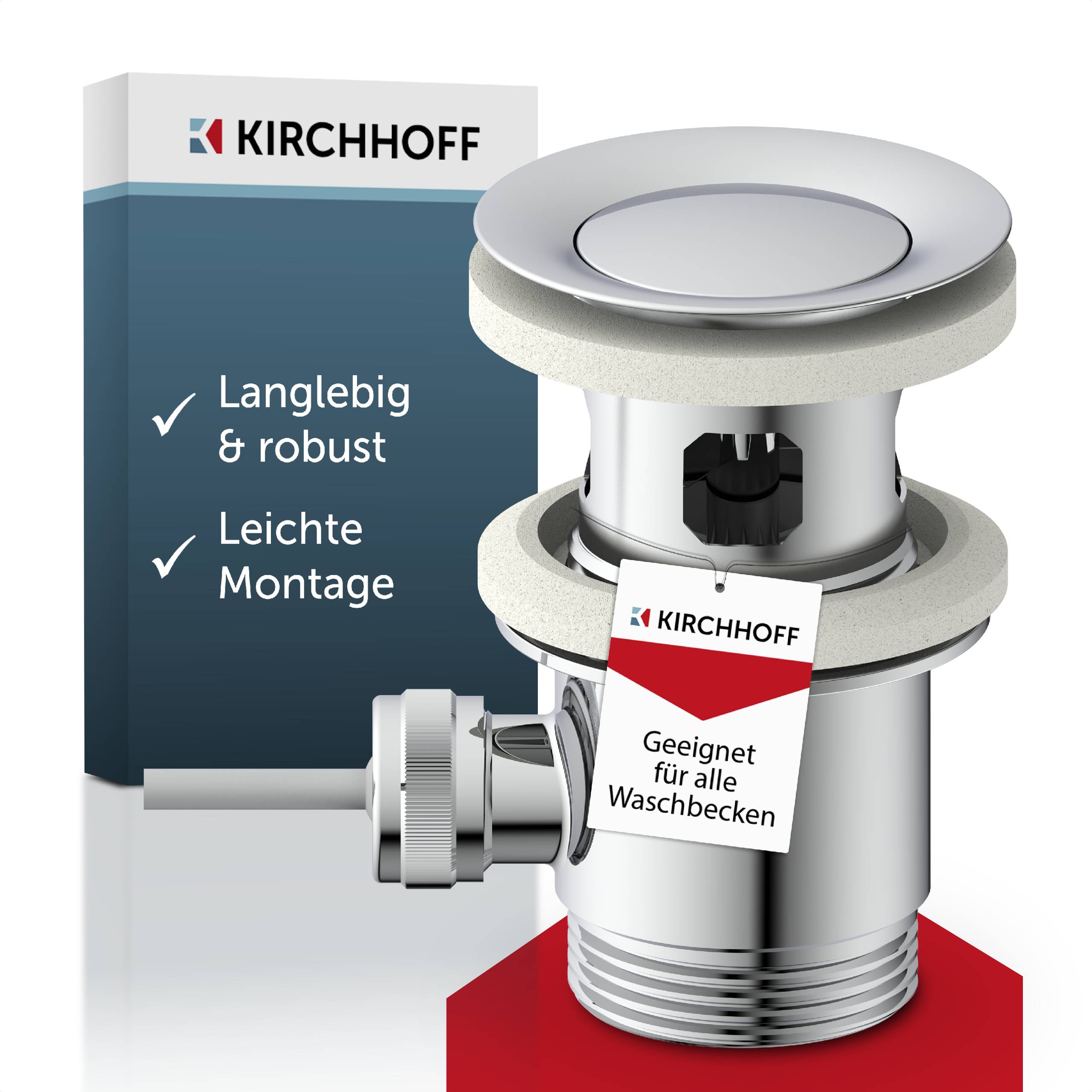 Ein metallisches Ablassventil ist abgebildet, gekennzeichnet mit 'Geeignet für alle Waschbecken', neben einer Produktverpackung, die mit 'Langlebig & robust' und 'Leichte Montage' beschriftet ist.