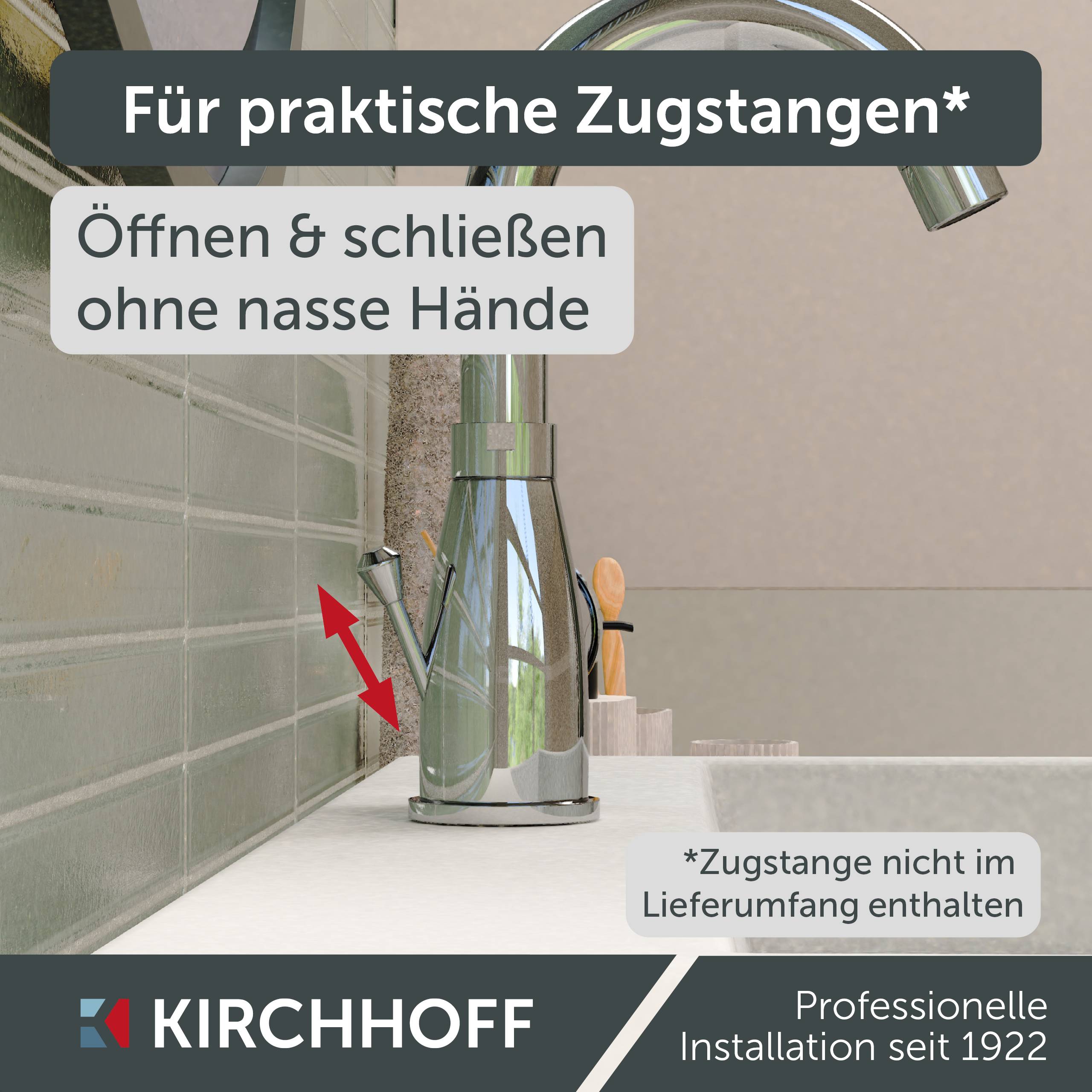 Ein Badezimmer-Wasserhahn mit einem hygienischen Hebel, beschriftet mit 