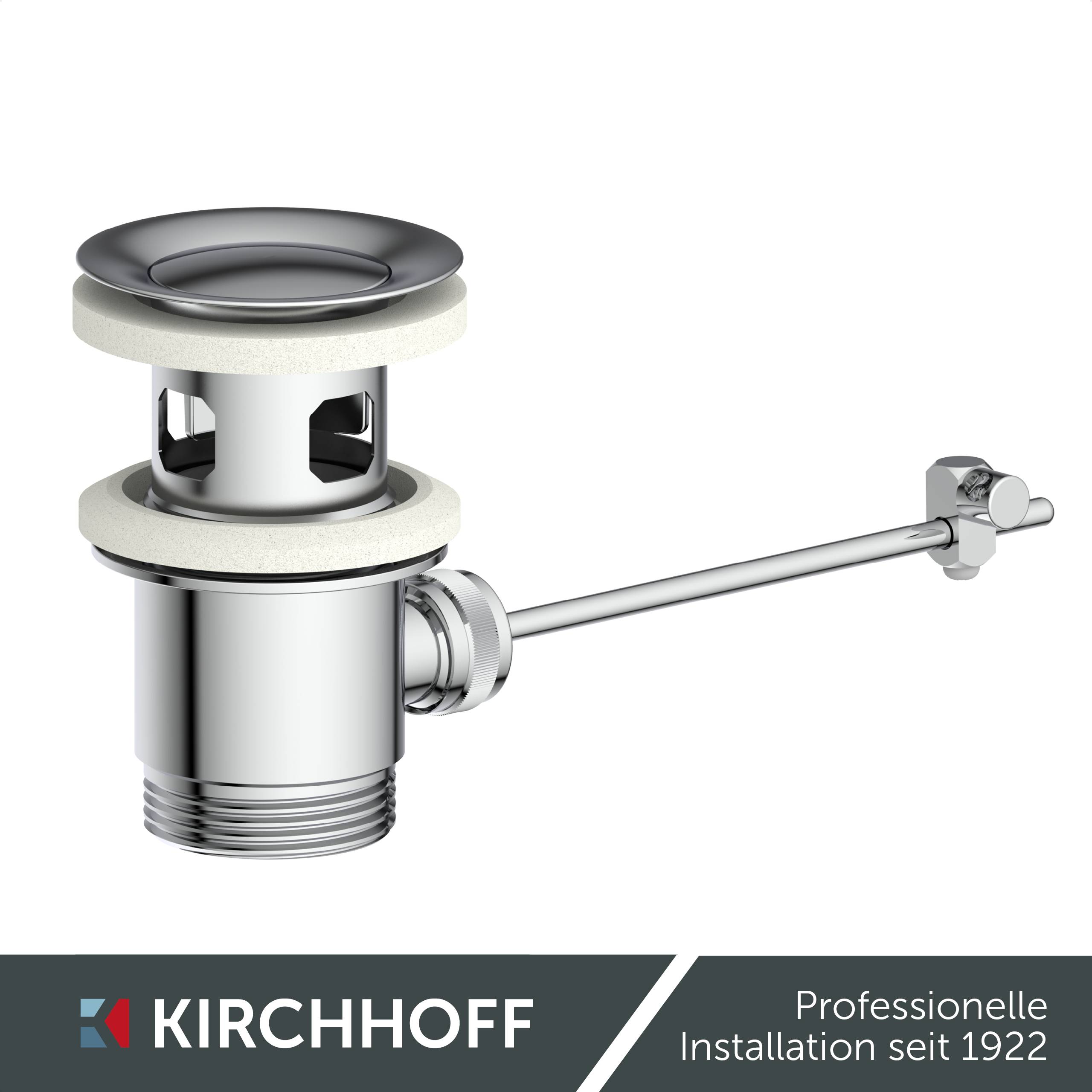 Eine Metallabflussarmatur mit Überlaufschutz und verstellbarem Hebel. Text am unteren Rand liest sich: 'KIRCHHOFF Professionelle Installation seit 1922'.