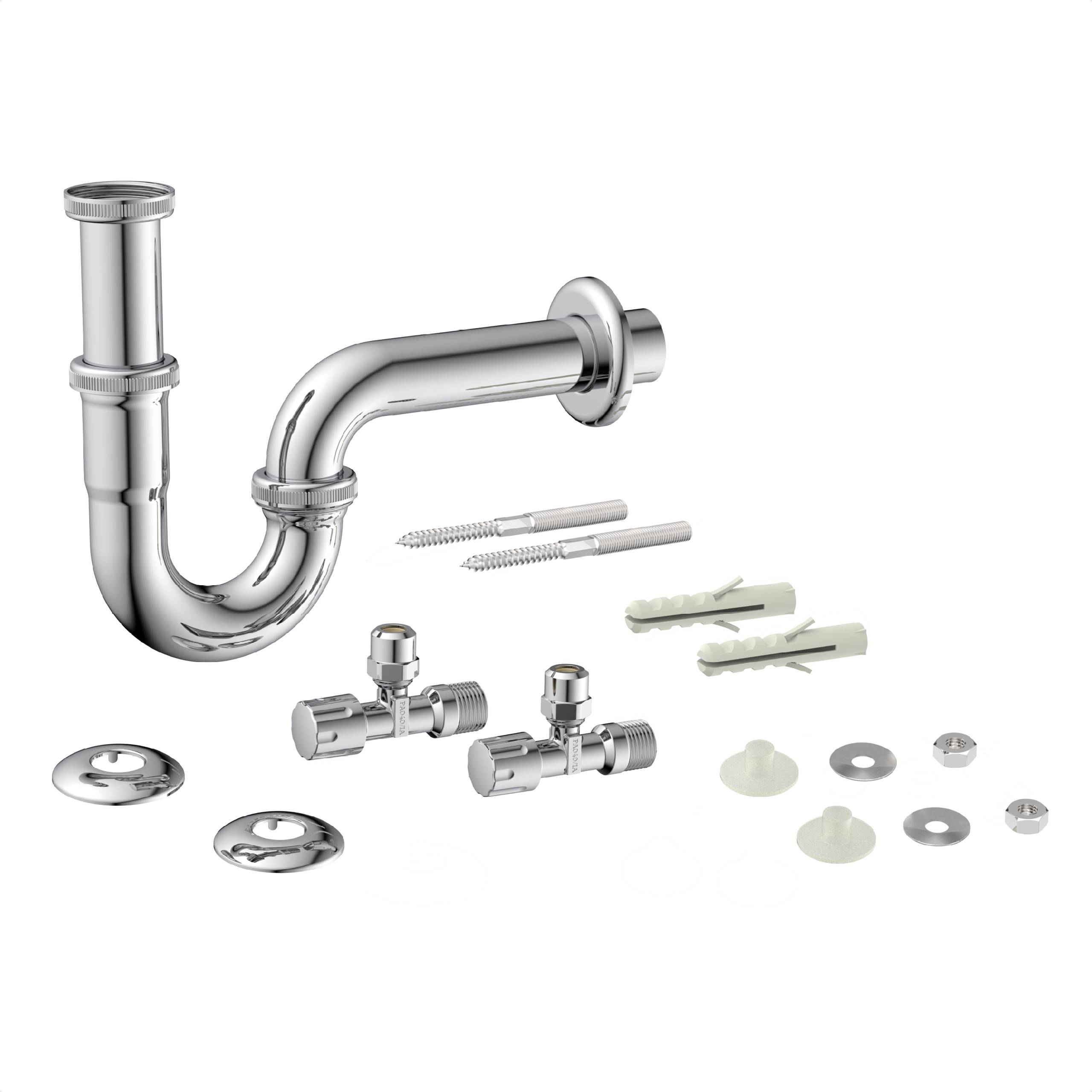 Chrom-Siphon-Klempnerausrüstung mit Rohren, Unterlegscheiben, Schrauben und Ventilen für die Installation, die vor einem weißen Hintergrund gezeigt wird.