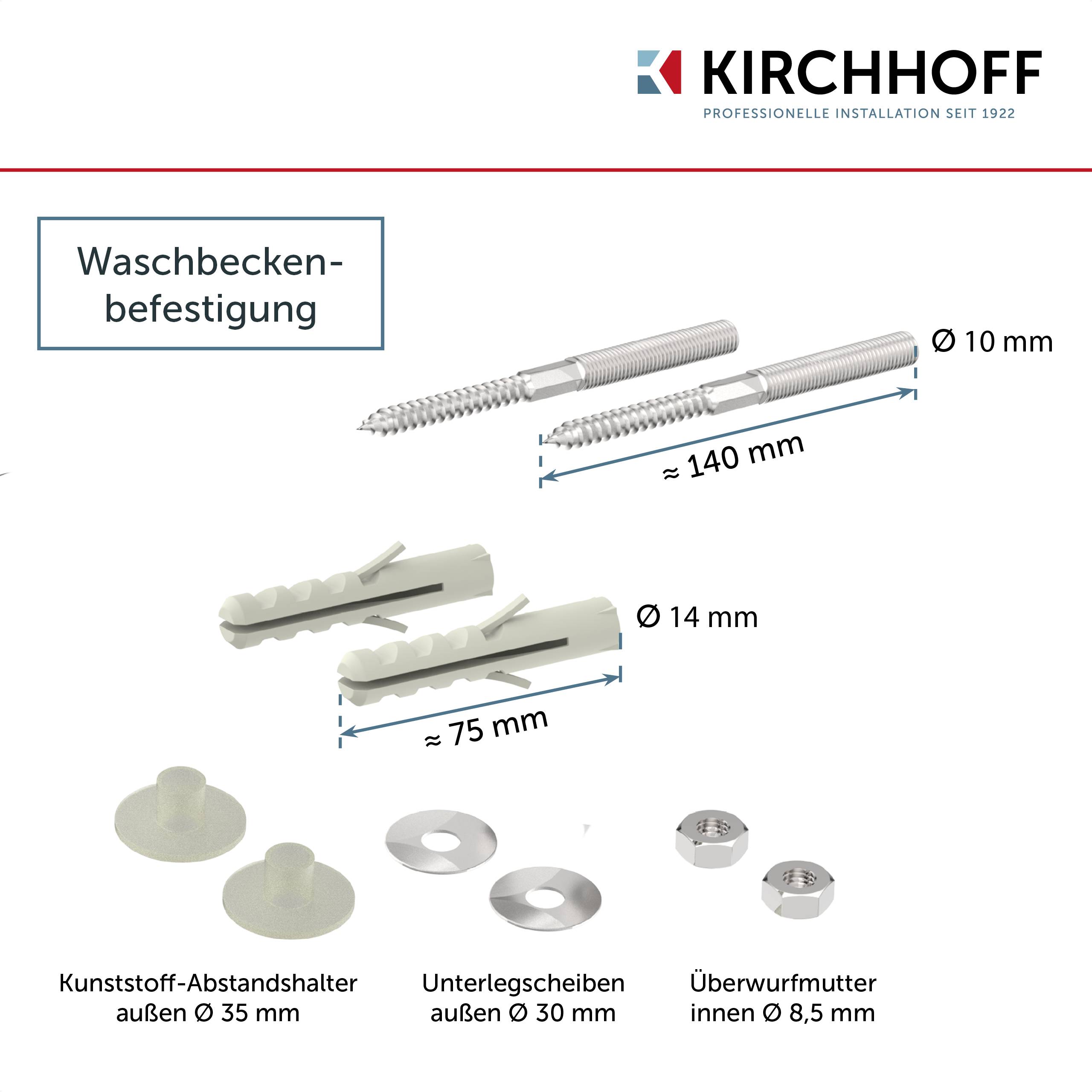 Spülen-Befestigungsset mit Schrauben (≈ 140 mm), Dübeln (≈ 75 mm), Kunststoff-Abstandshaltern (Ø 35 mm), Unterlegscheiben (Ø 30 mm) und Abdeckkappen.
