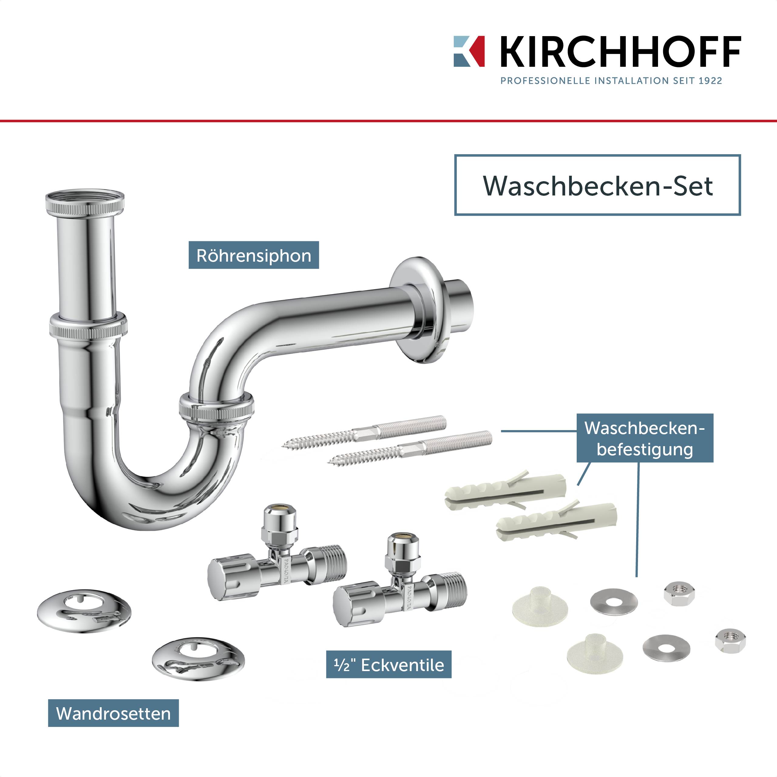 Ein Klempnersatz mit einer Chromröhre, gekennzeichnet als 'Röhrensiphon', mit Installationszubehör wie Wandplatten und Schrauben, betitelt als 'Waschbecken-Set'.
