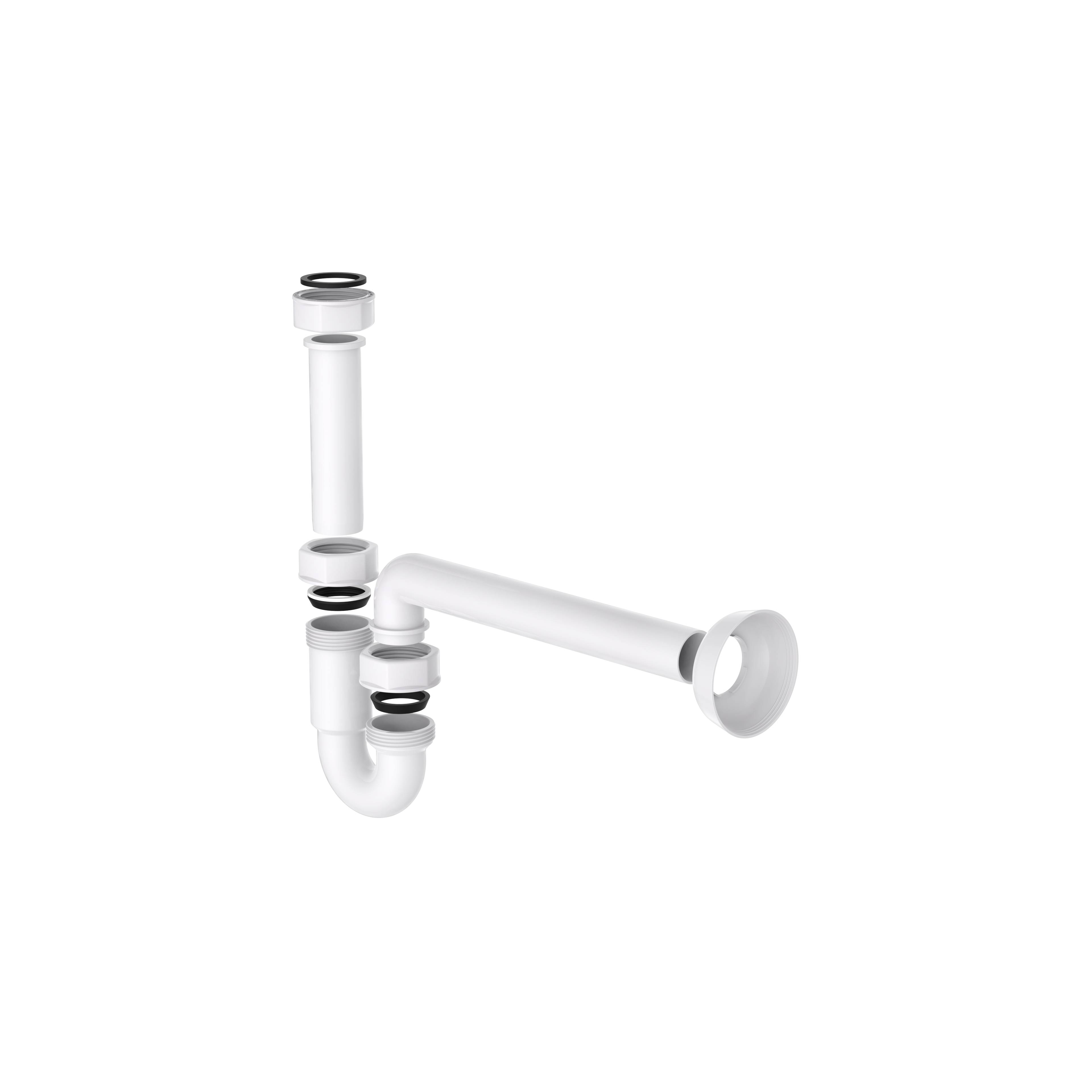 Eine weiße Kunststoff-Rohrkrümmer (P-Trap) mit Verbindungsstücken und Anschlüssen, isoliert auf schwarzem Hintergrund.