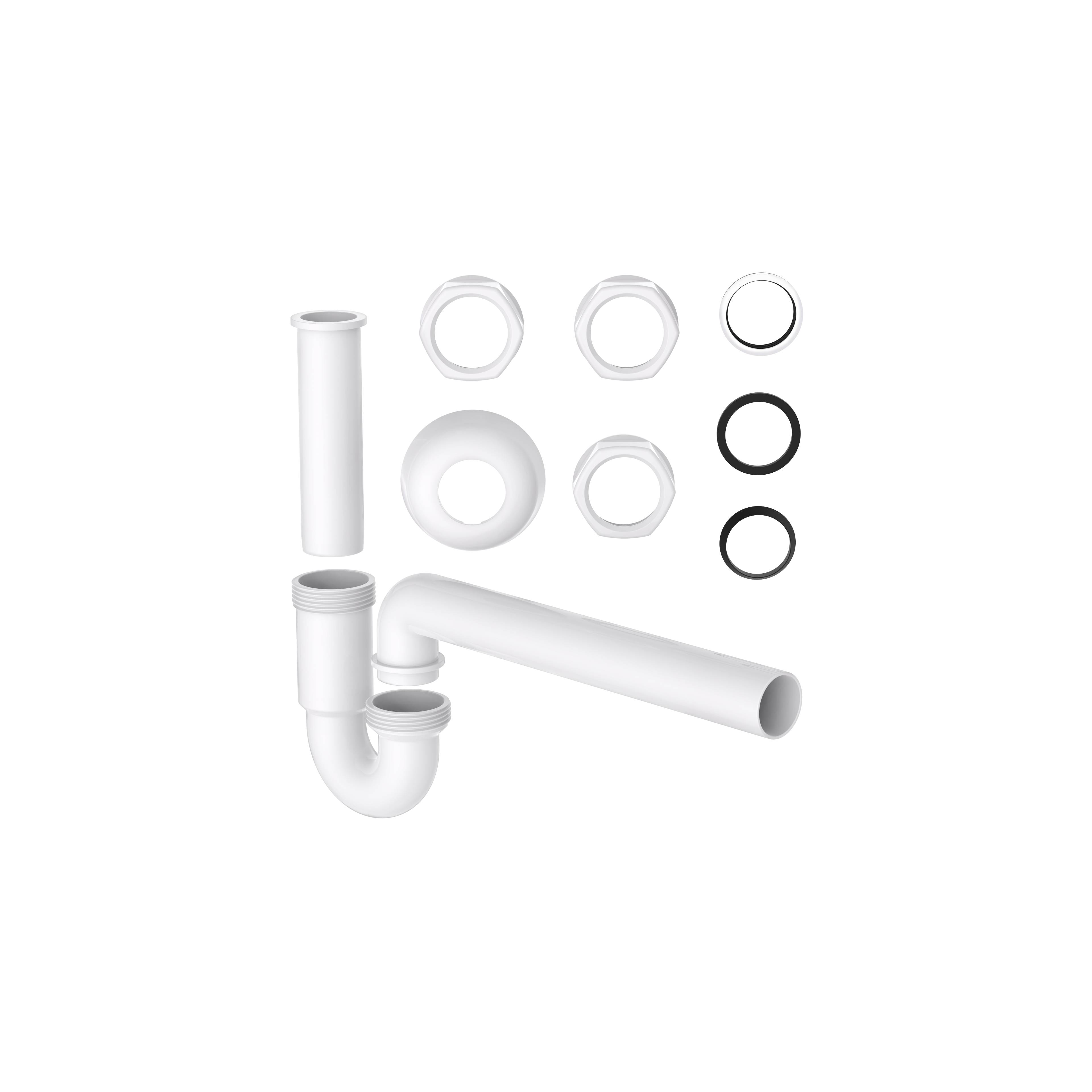 Weißes PVC-Rohrverbindungsset mit Anschlüssen und Winkelstück, auf einem schwarzen Hintergrund angeordnet.