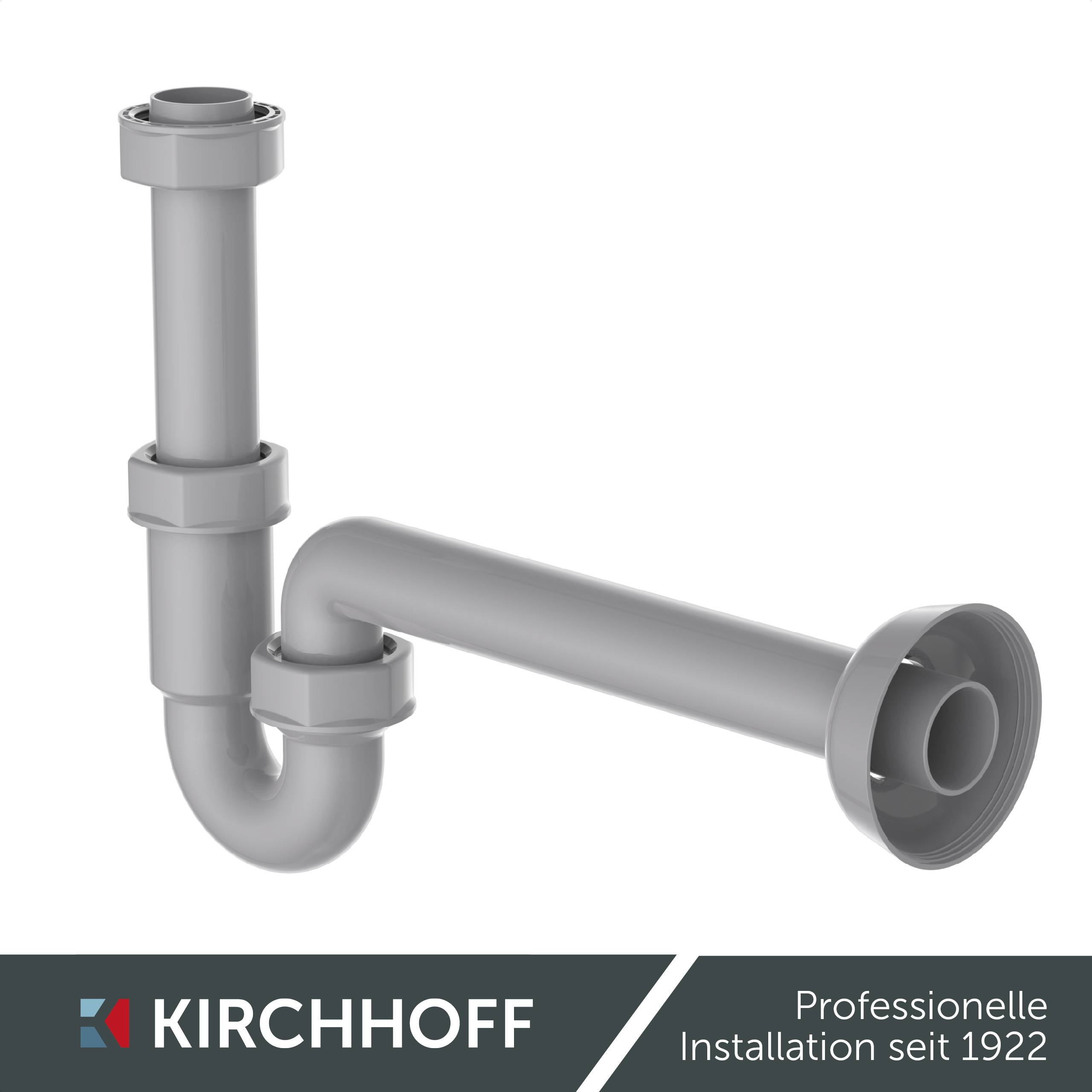 Ein grauer Installationsprohrstrang mit Rohrverschraubungen ist über dem Text ‚KIRCHHOFF Professionelle Installation seit 1922' in einem Werbebildmotiv zu sehen.