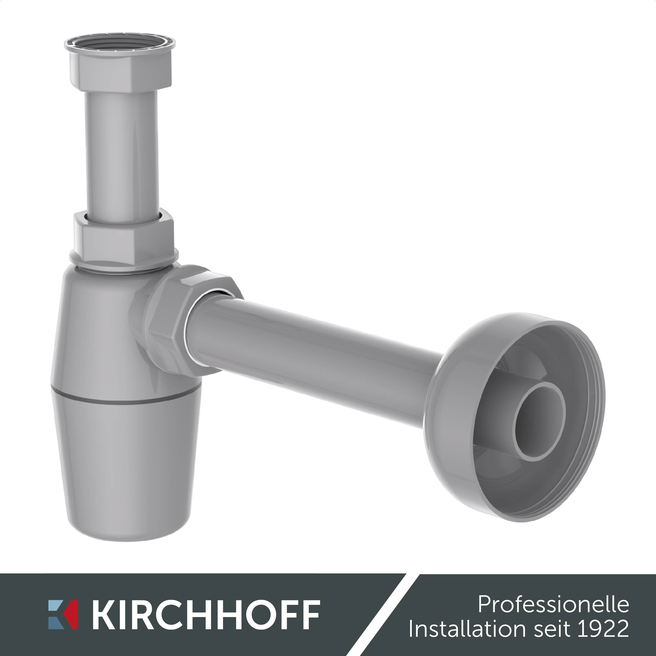 Eine Silberpfeifeneinheit mit einer U-förmigen Biegung, mit der Marke 'KIRCHHOFF' versehen, bekannt für professionelle Installation seit 1922.