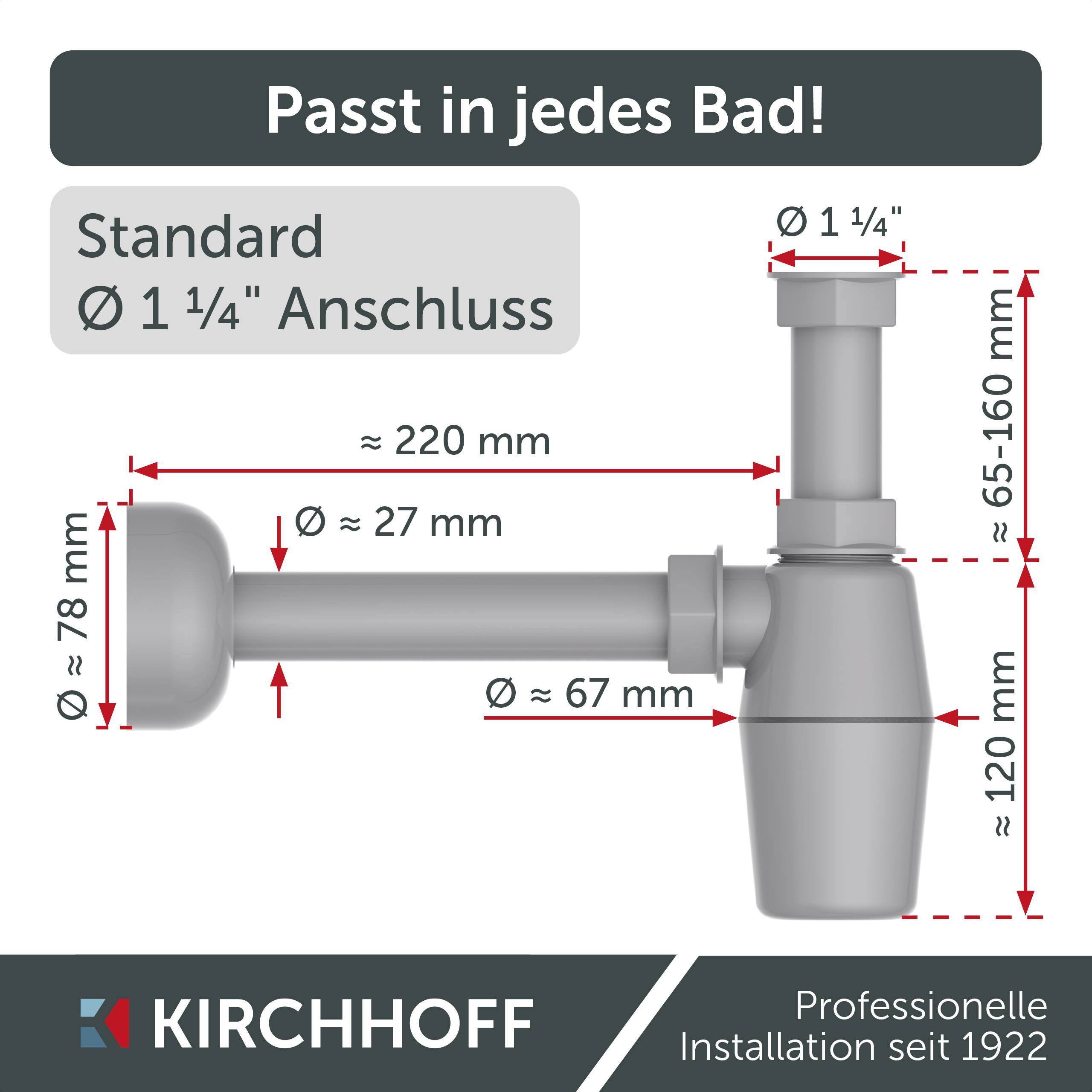 Diagramm einer Klempnerkomponente mit Maßangaben in Millimetern: Länge 220, oberer Durchmesser 27, unterer Durchmesser 67. Text: 'Passt in jedes Bad!