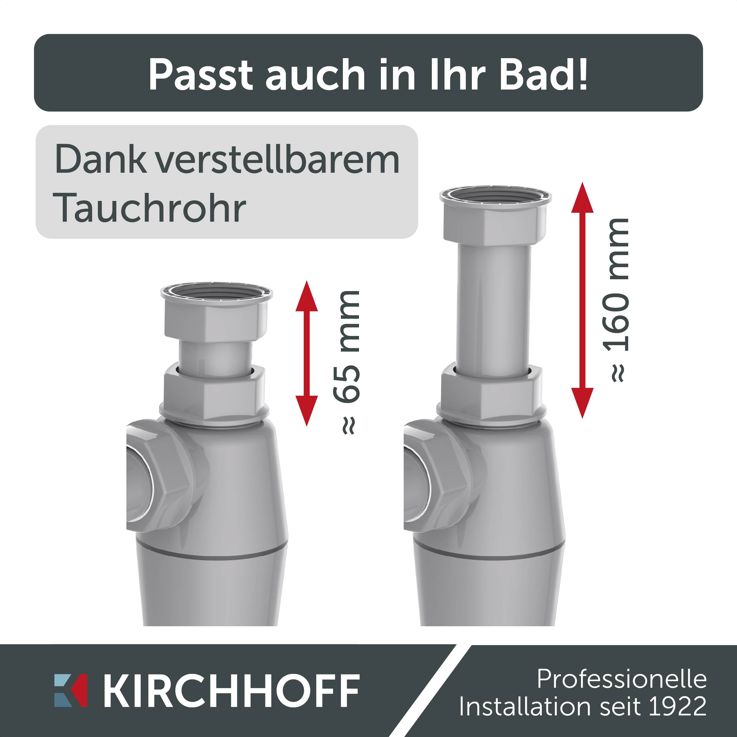 Zwei Klempnerrohre mit einstellbaren Längen sind dargestellt, wobei Messungen von 65 mm bis 160 mm hervorgehoben werden. Der deutsche Text weist auf die Kompatibilität mit Badezimmern hin.