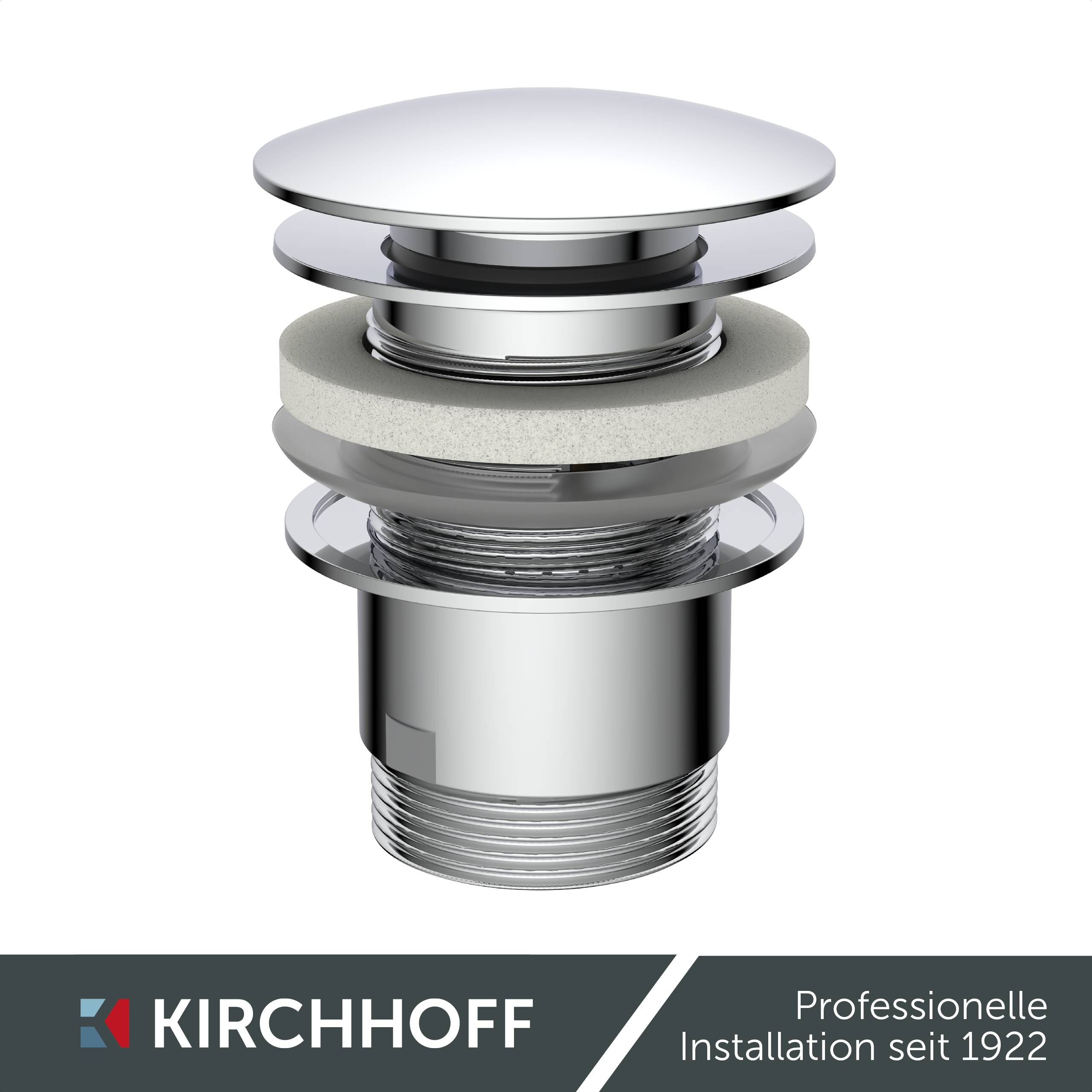 Eine Chromspüle mit Ablaufgarnitur, deren Komponenten einschließlich Stopfen und Dichtungsring zu sehen sind. Text darunter liest sich ‚KIRCHHOFF' und ‚Professionelle Installation seit 1922'.