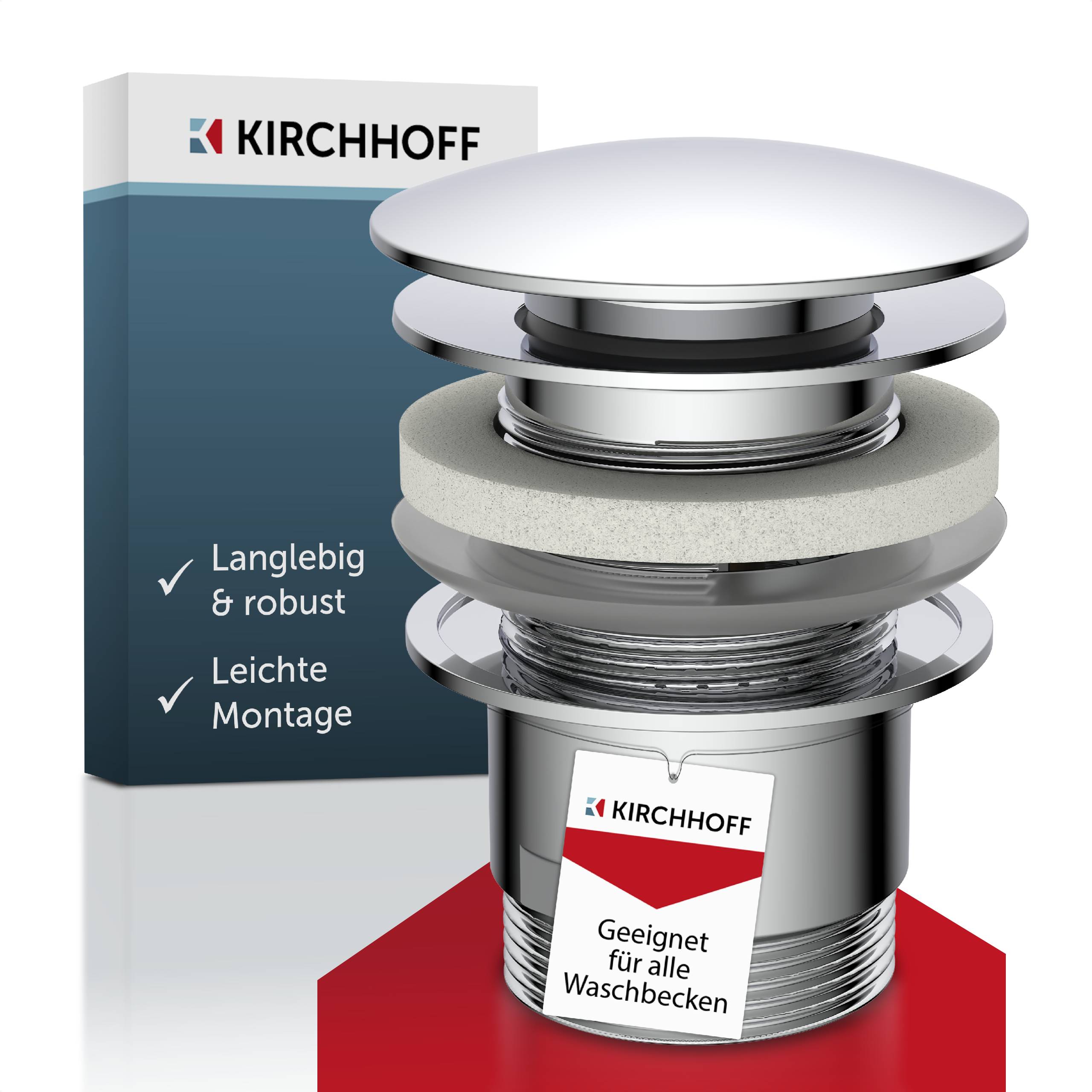 Ein metallischer Spülbeckenablauf mit mehreren Schichten, beschriftet mit 'Geeignet für alle Waschbecken'. Eine daneben liegende Box besagt 'Langlebig & robust' und 'Leichte Montage'.