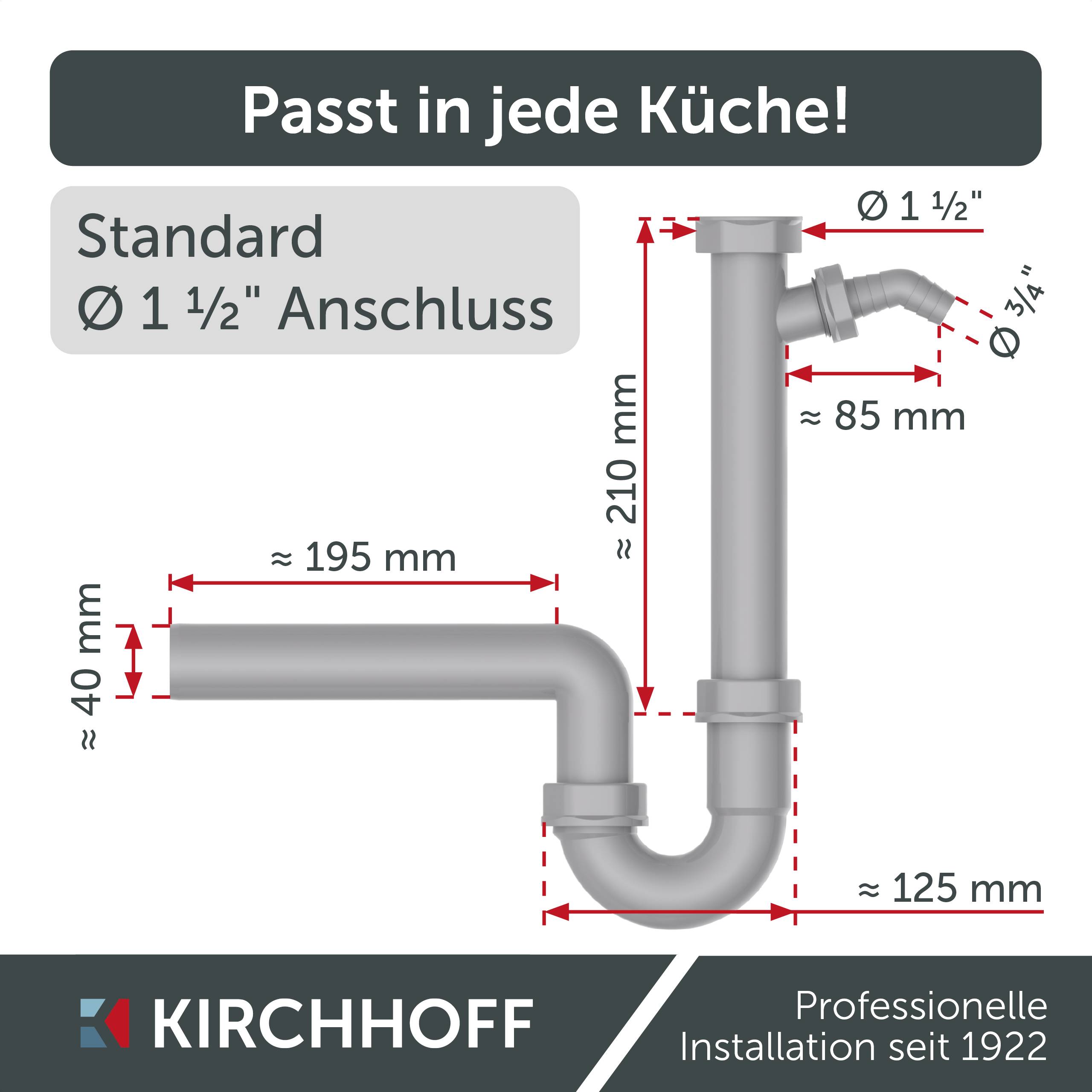 KS Spültisch-Röhrensiphon,Grau, 1 1/2"IG x 40 mm, mit 3/4" Geräteanschluss