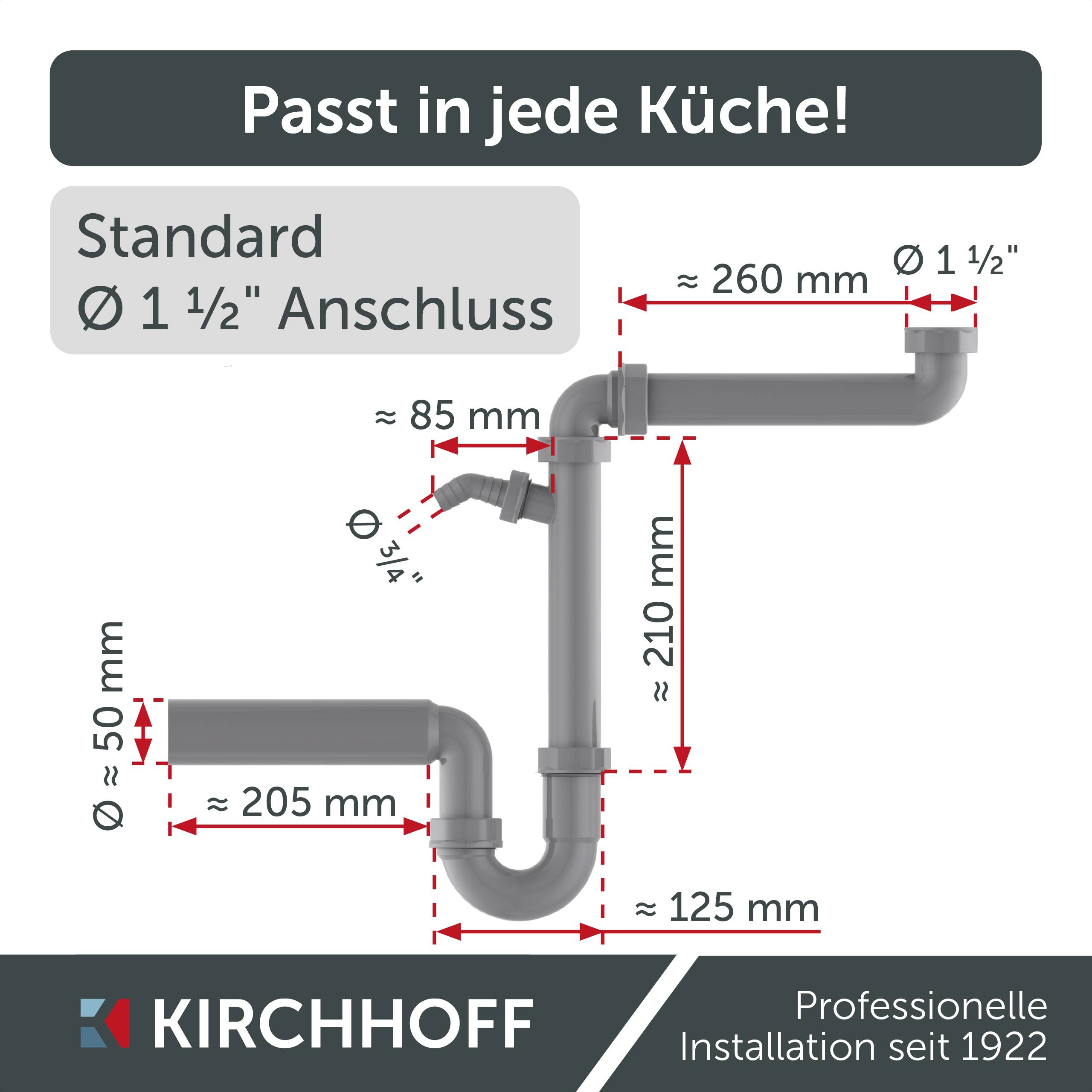 KS Raumspar-Spültisch-Röhrensiphon, Grau, 1 1/2"IG x 50 mm, mit 3/4" Geräteanschluss