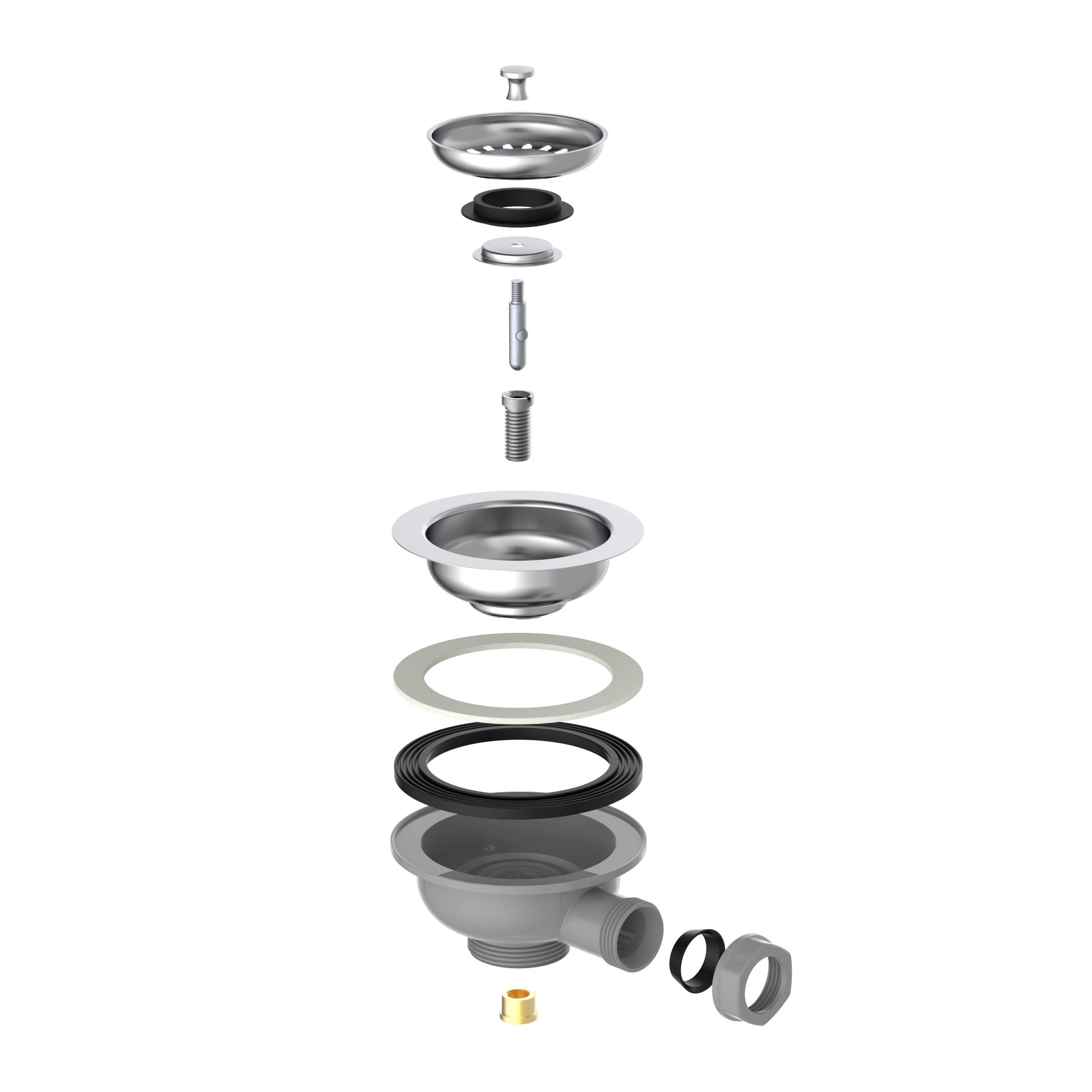 KS Korbventil, Grau, 1 1/2"AG, Edelstahl-Ventilkelch & Sieb Ø 114 mm, mit 1" Überlaufanschluss