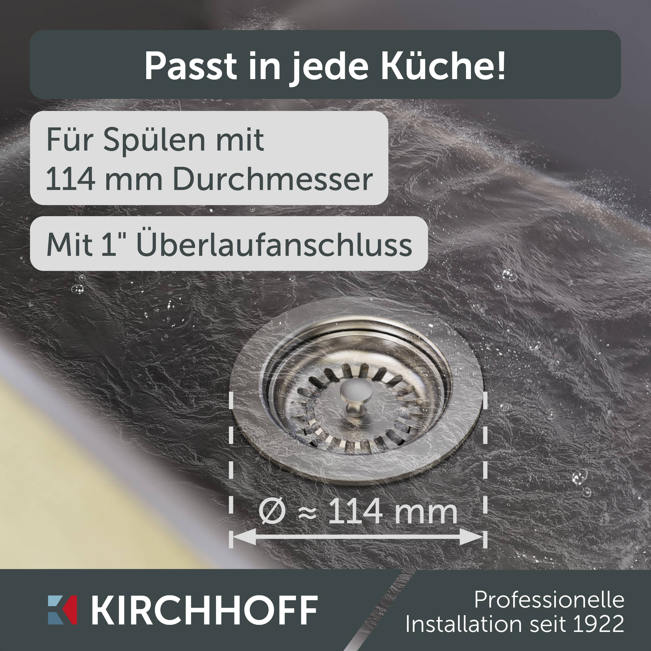 KS Korbventil Bowdenzug, 1 1/2"AG, Edelstahl-Ventilkelch und Sieb Ø 114 mm, mit 1" Überlaufanschluss