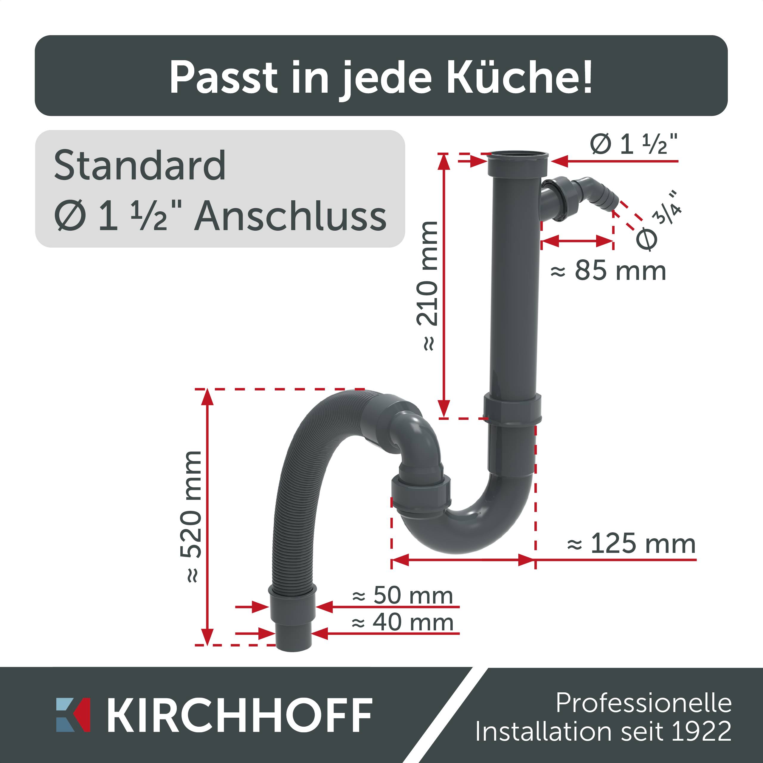 KS Flexibler Spültisch-Röhrensiphon, Grau, 1 1/2" x 3/4"T x 40/50 mm, mit Geräteanschluss