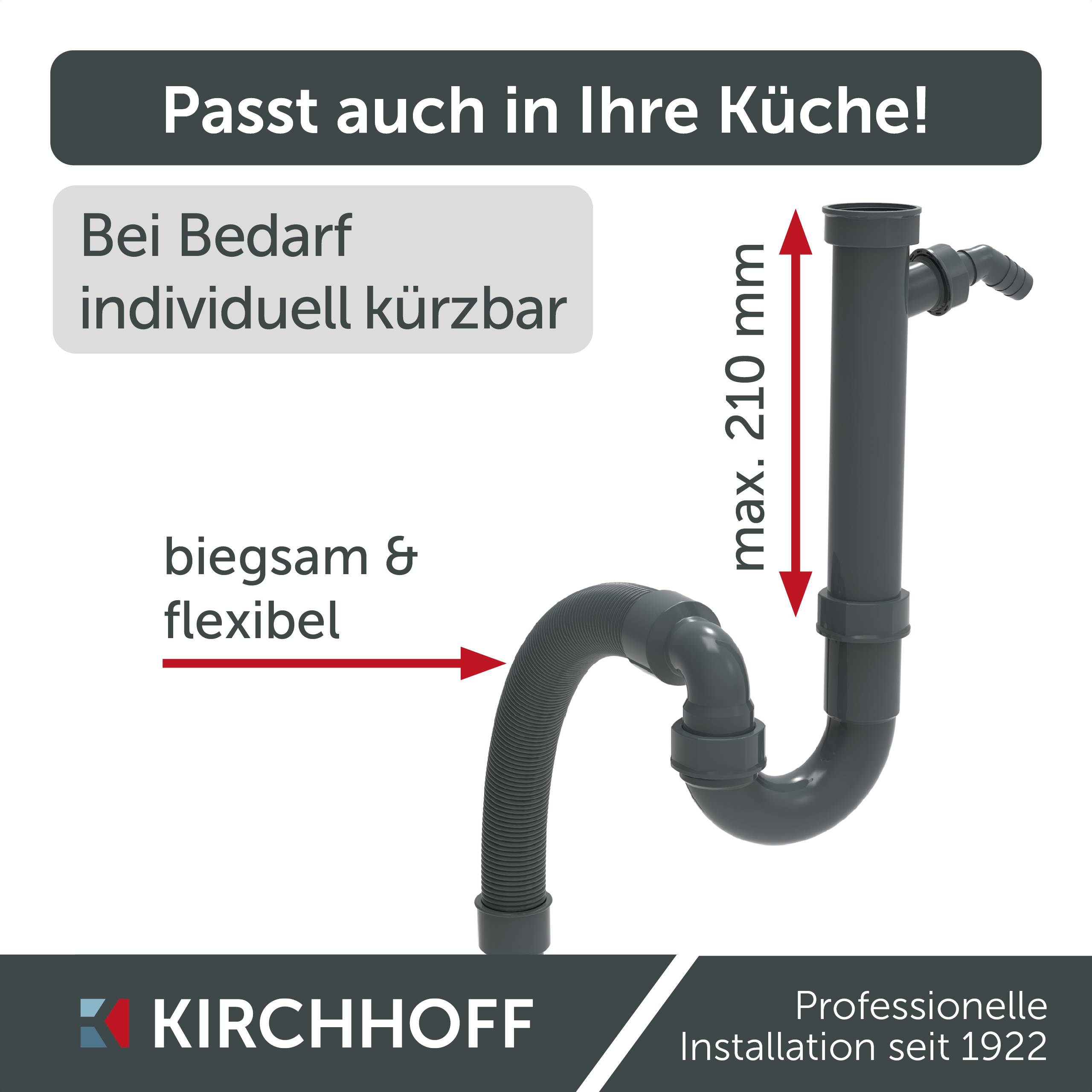 KS Flexibler Spültisch-Röhrensiphon, Grau, 1 1/2" x 3/4"T x 40/50 mm, mit Geräteanschluss