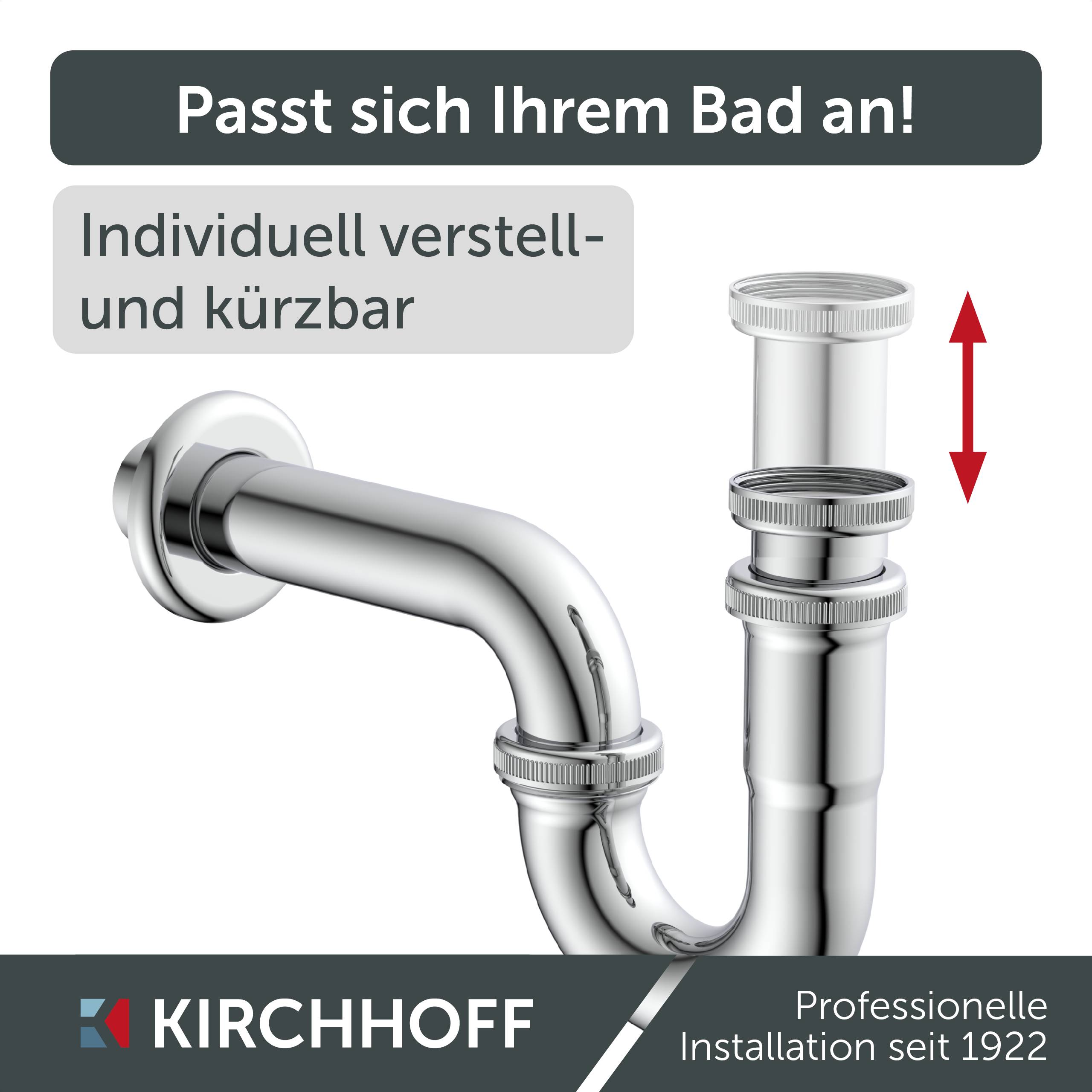 Verstellbare Chrom-Rohranschluss für Waschbecken, zeigt ausziehbare Funktion mit einem roten Pfeil. Text lautet: 'Individuell verstell- und kürzbar.