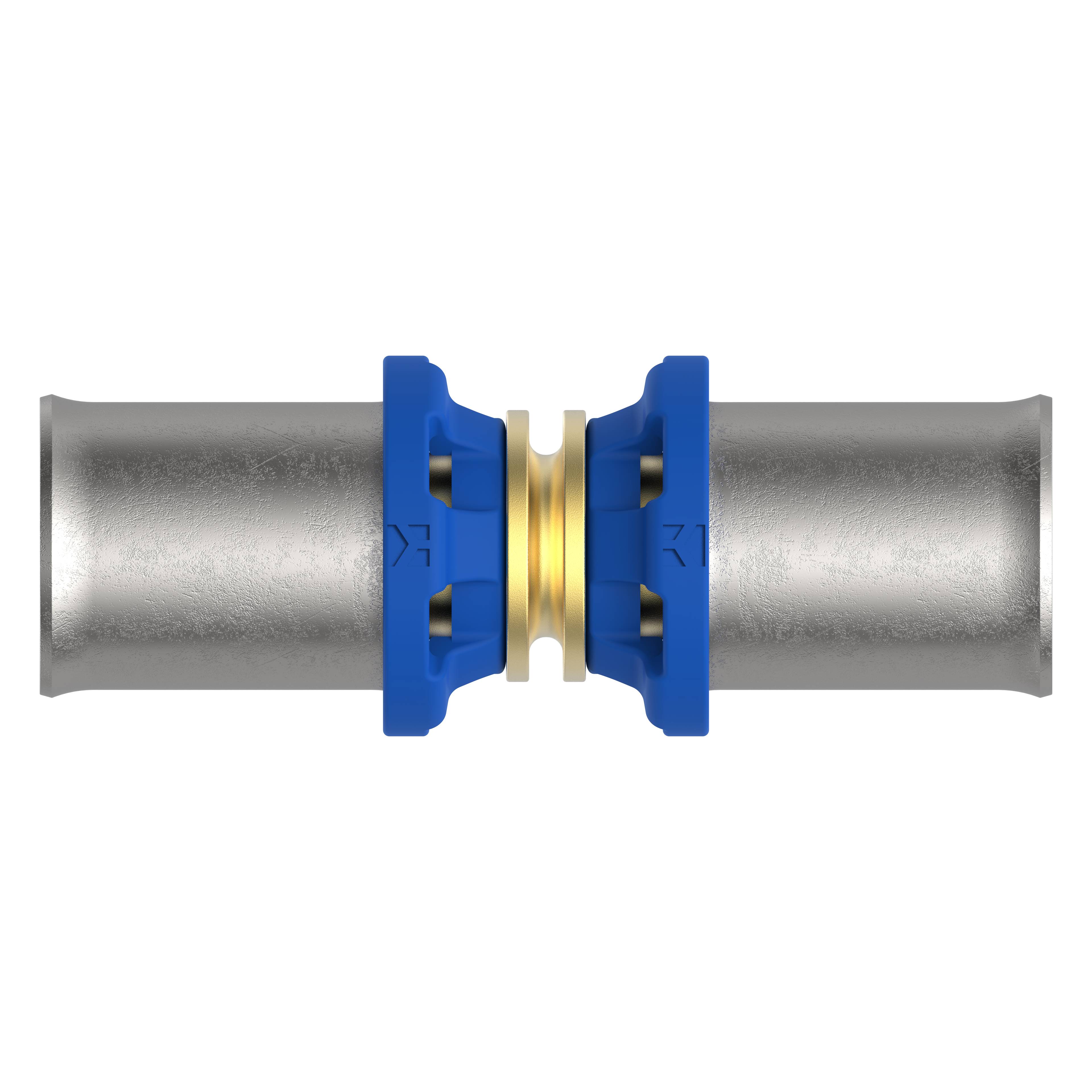 Ein Metallrohranschluss mit blauen und gelben Armaturen, von der Seite vor einem schwarzen Hintergrund betrachtet.