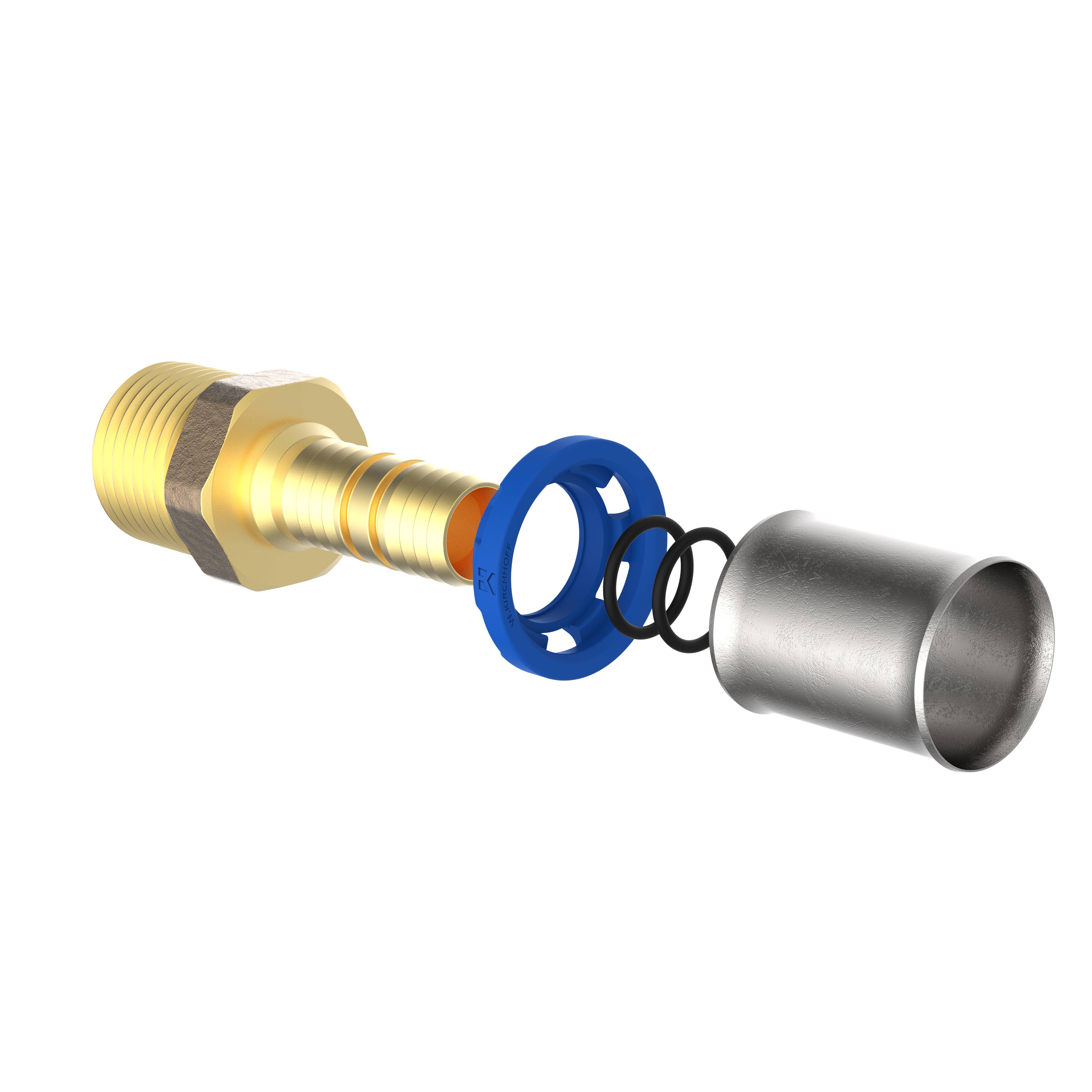 Explosionszeichnung einer Klempnerkomponente mit einem messing-Gewinderohr-Fitting, einer blauen Dichtung, einem schwarzen O-Ring und einem metallischen Deckel.