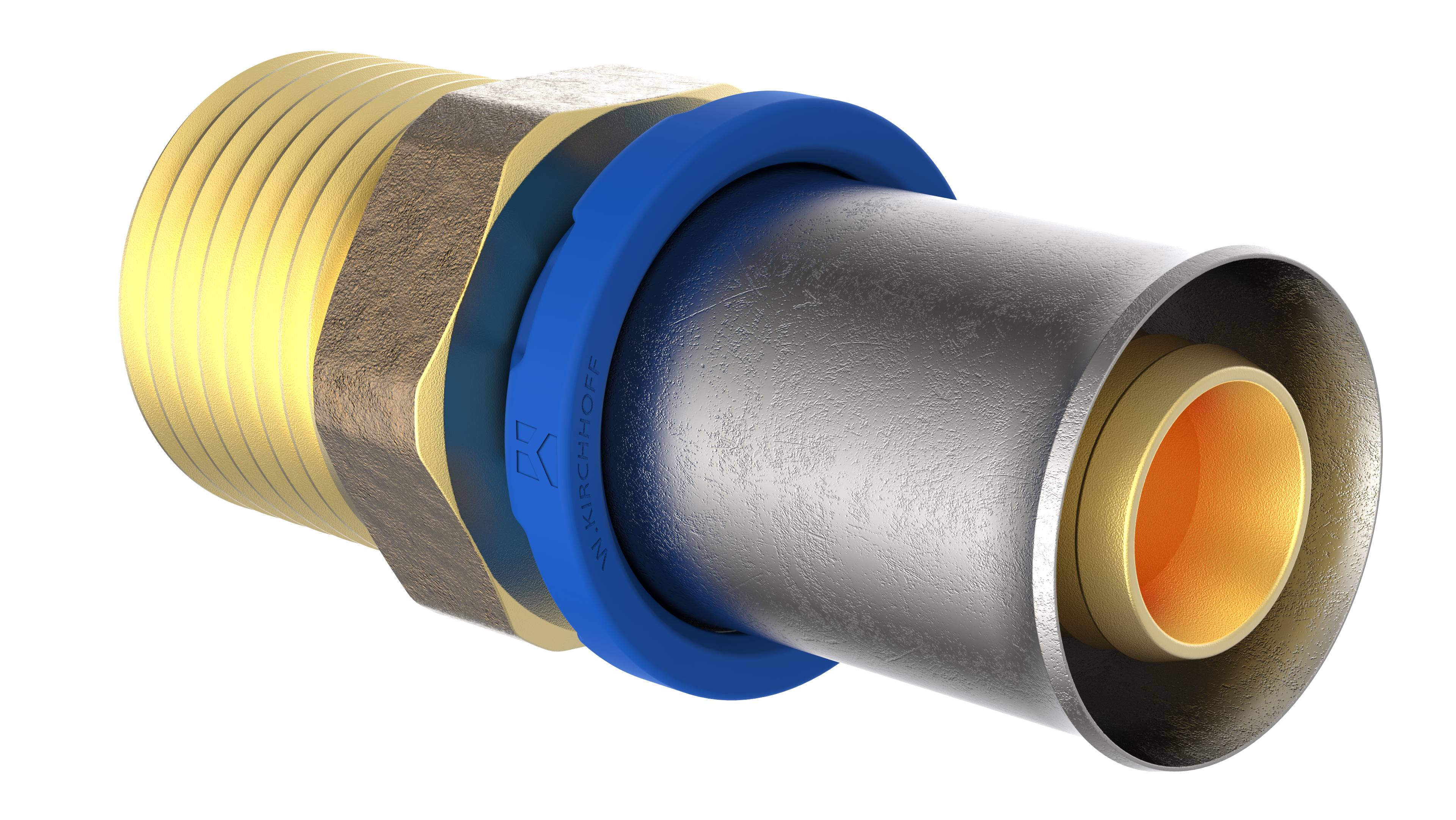 Eine Metallschlauchverschraubung mit einer messingfarbenen Sechskantmutter und einem blauen Kunststoffring, die zum Sichern von Rohren in Sanitär- oder hydraulischen Systemen verwendet wird.