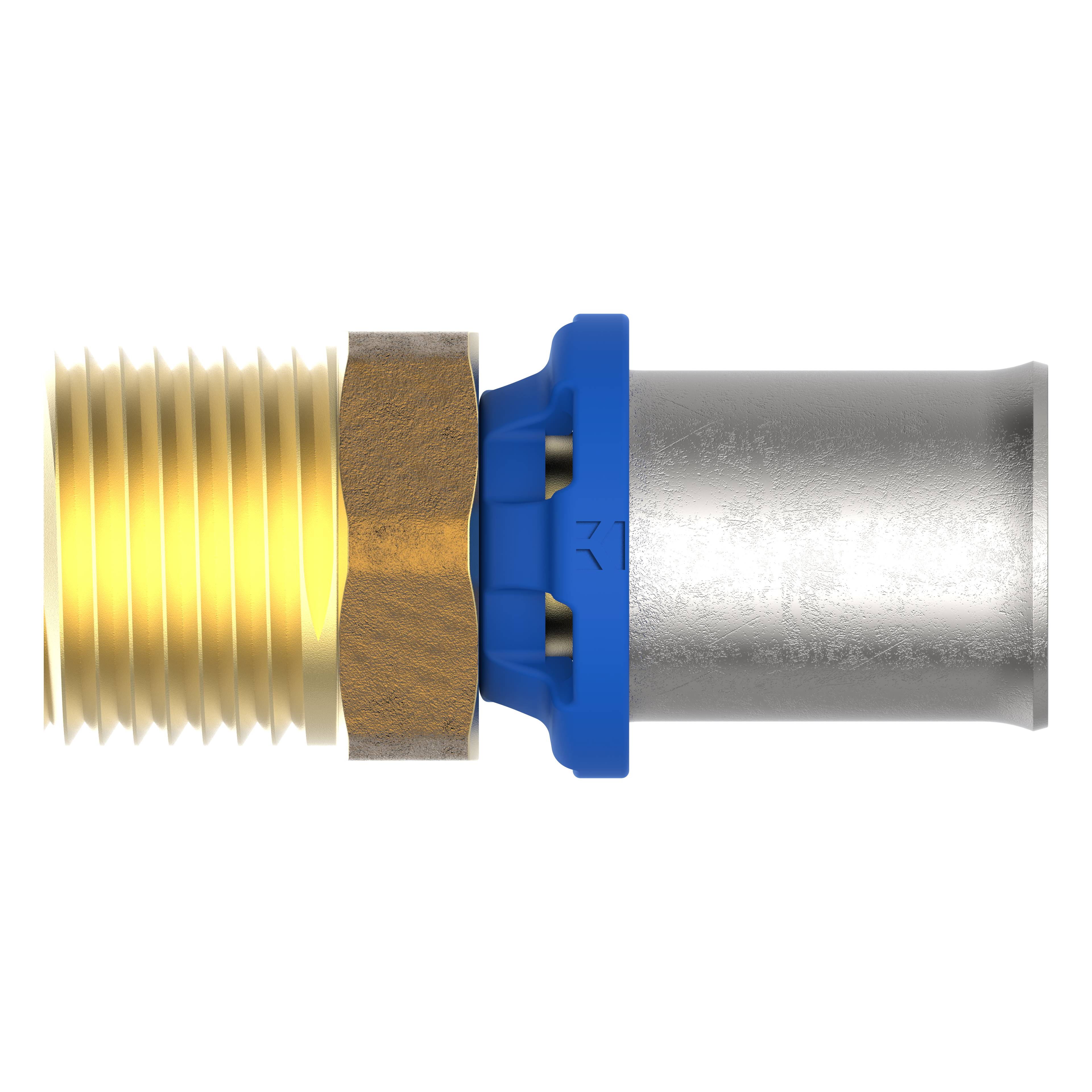 Messingröhrenfitting mit Gewindeende auf der linken Seite und einem glatten, blauen Kunststoffverbinder auf der rechten Seite.