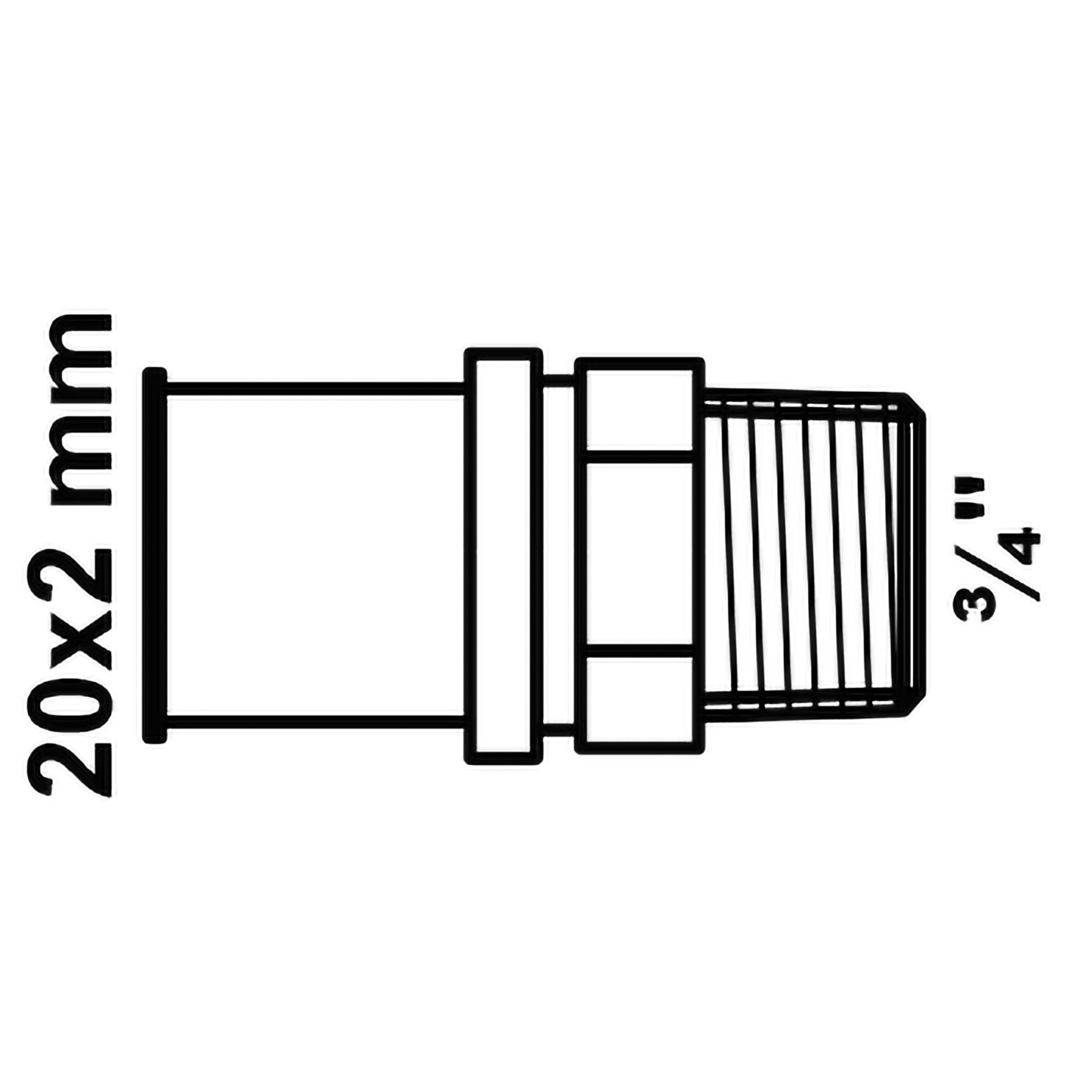Rohrleitungsverbindungsdiagramm mit einem zylindrischen Verbindungsstück mit Gewinde. Der Text auf der linken Seite lautet „20x2 mm