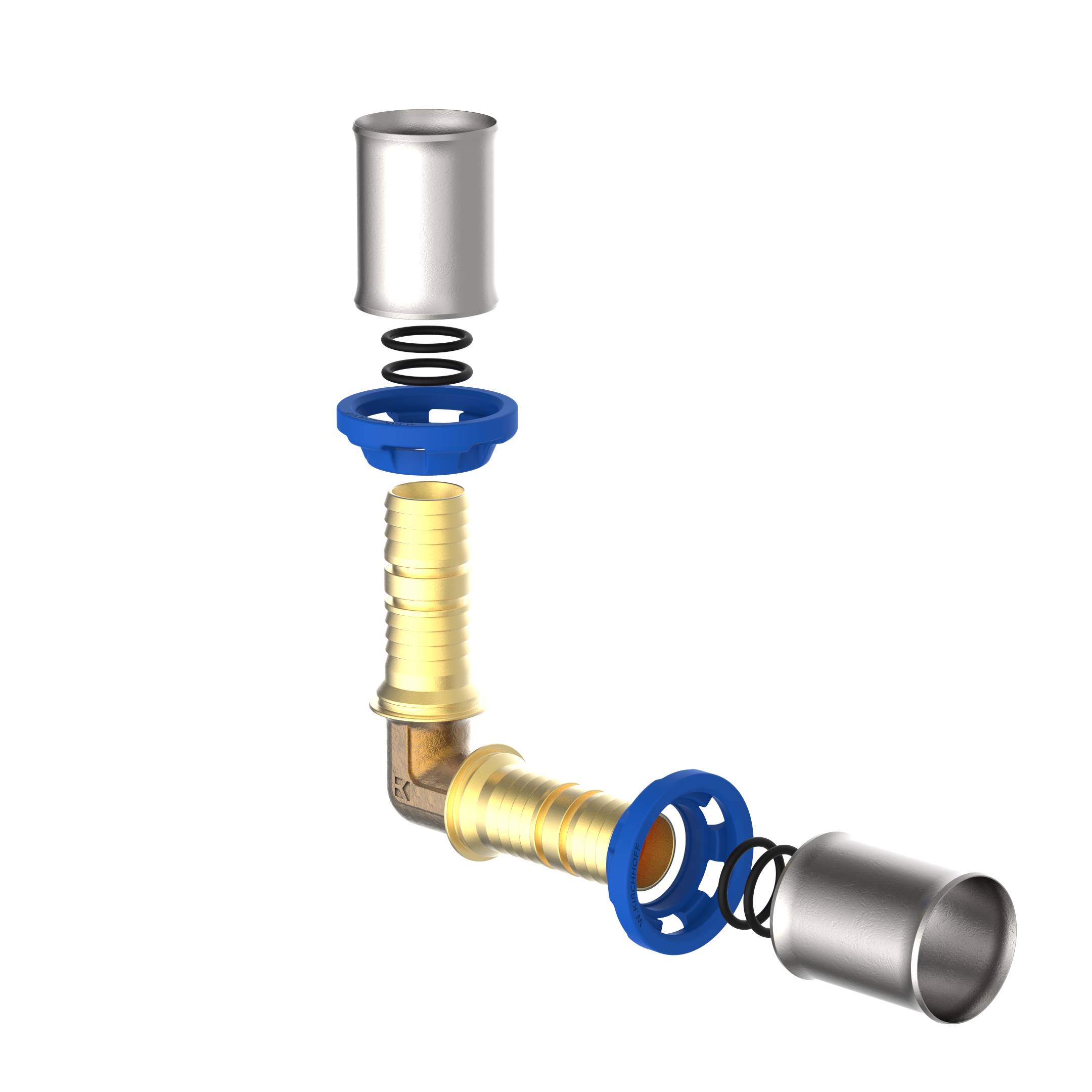 Eine Klempnerrohrverbindung in einer Schnittansicht mit folgenden Komponenten: Messinganschluss, blaue Sitzfläche, Metallkappen und Dichtungsringe.