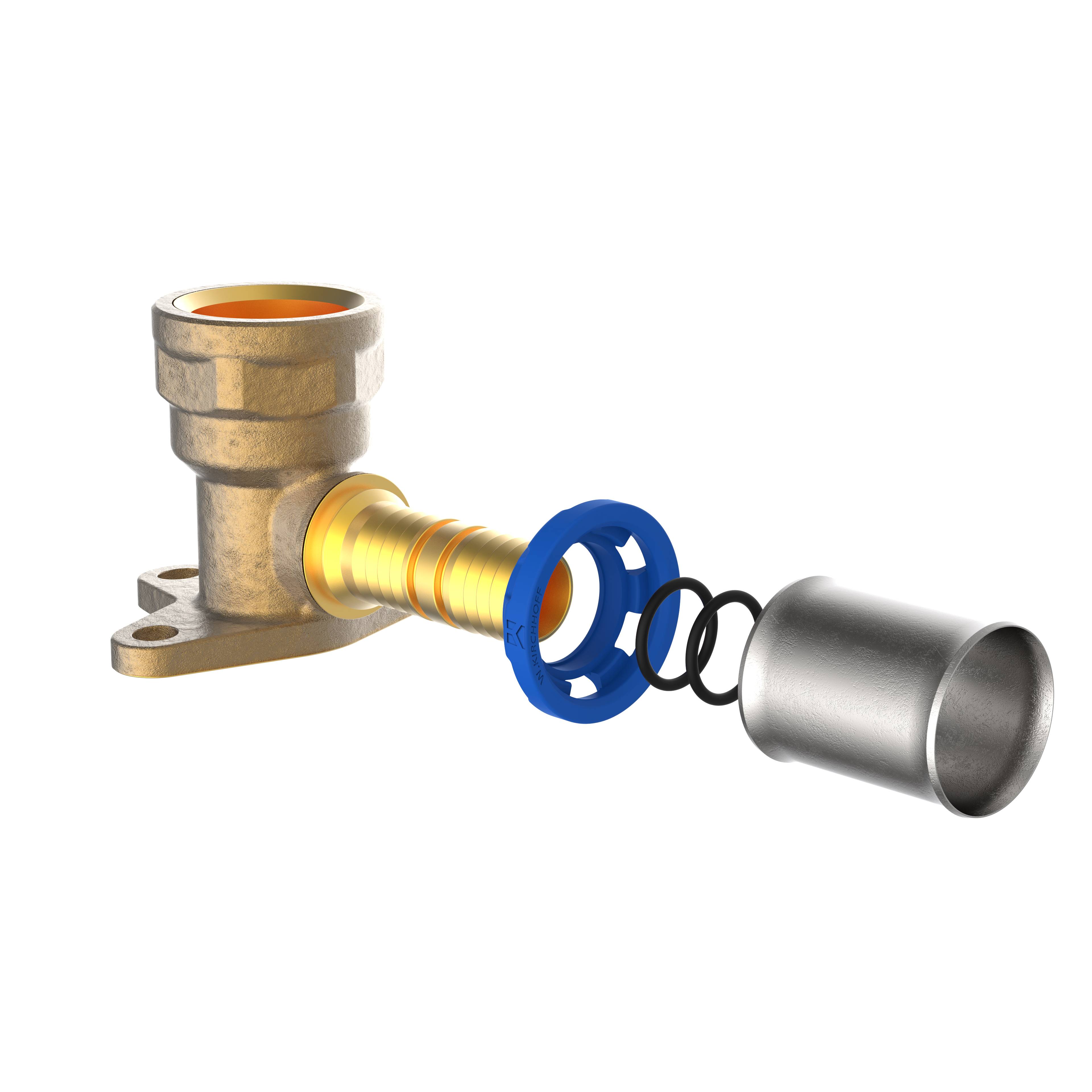 Eine 3D-Visualisierung eines Messing-Rohrverzweigungsstücks mit einem blauen Gummiring und einer Metallkappe, vor einem einfarbigen schwarzen Hintergrund.