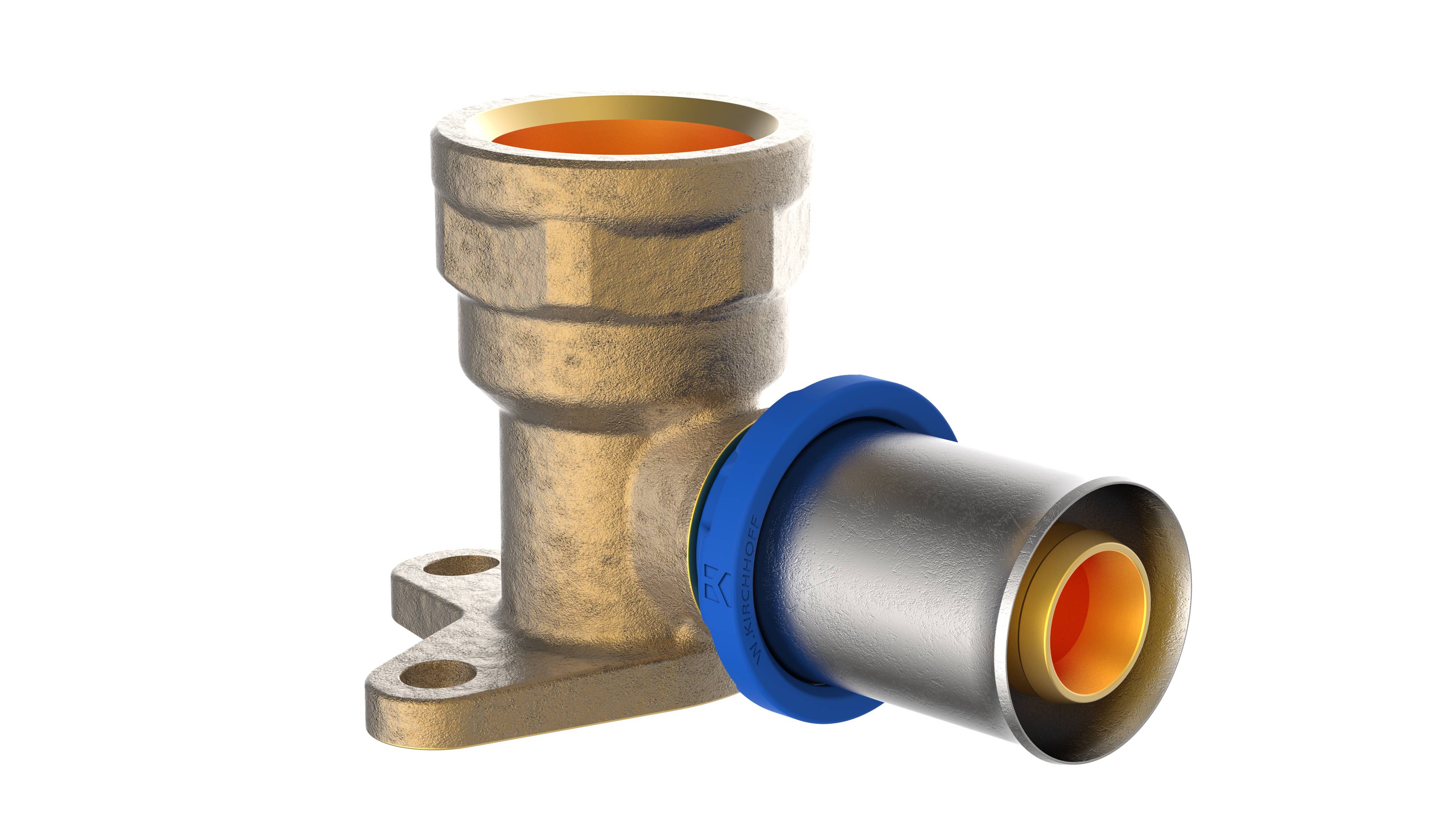 Eine Rohrverbindung aus Messing und Stahl, die durch eine blaue Verbindung zusammengehalten wird und in der Sanitärtechnik für sichere und wasserdichte Verbindungen verwendet wird.