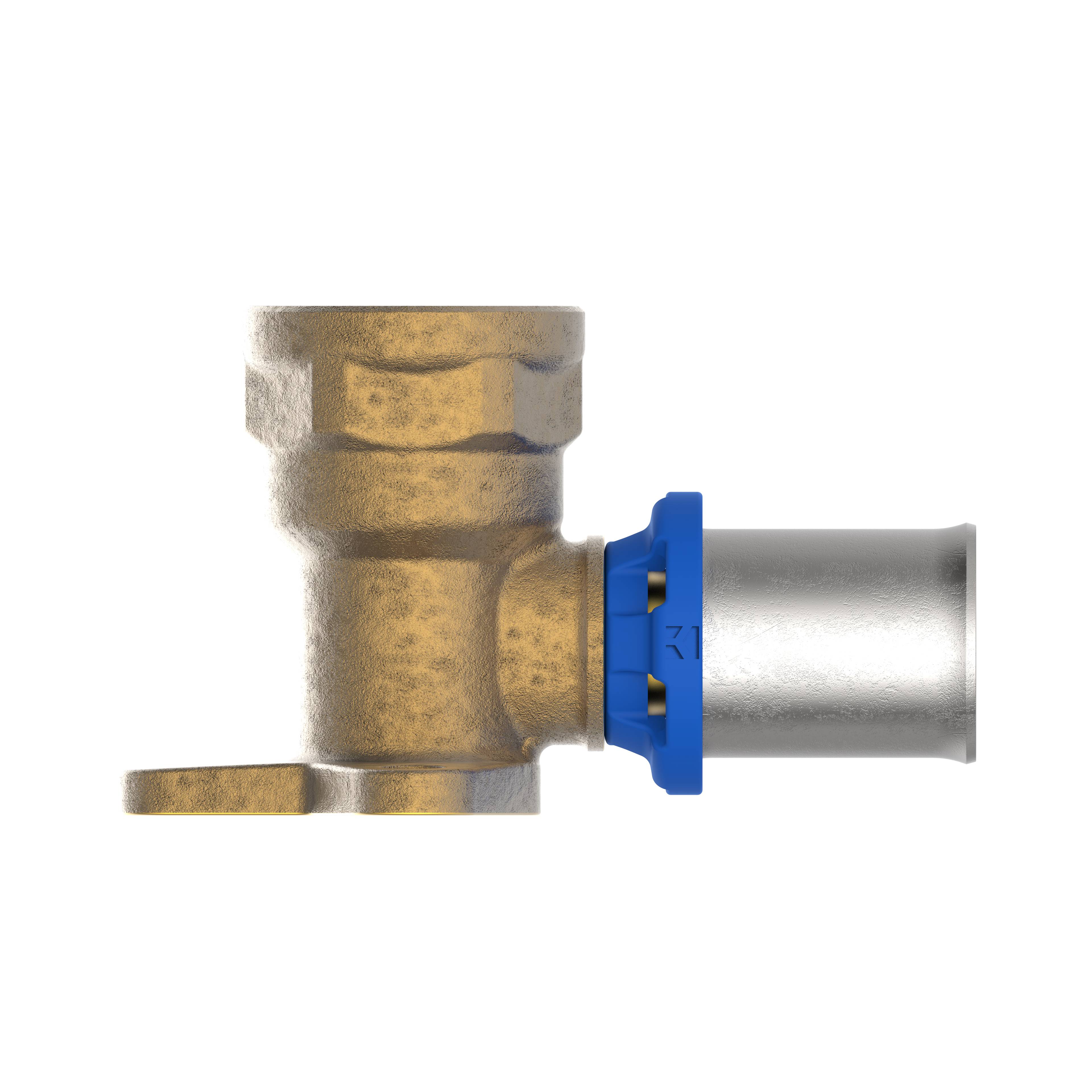 Ein metallischer Klempnerfitting mit Messingoberfläche und blauer Dichtung, konzipiert für Rohrverbindungen, vor einem schwarzen Hintergrund dargestellt.