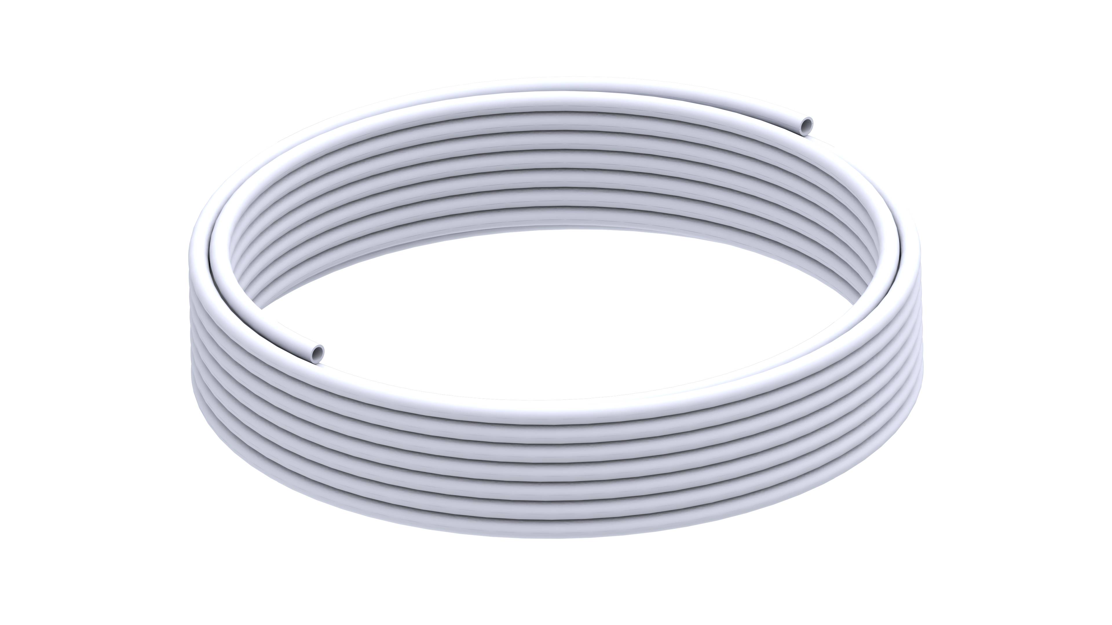 Ein gewundener weißer Rohrreifen vor einem schwarzen Hintergrund, der seine glatte Textur und gleichmäßigen Spiralen hervorhebt.