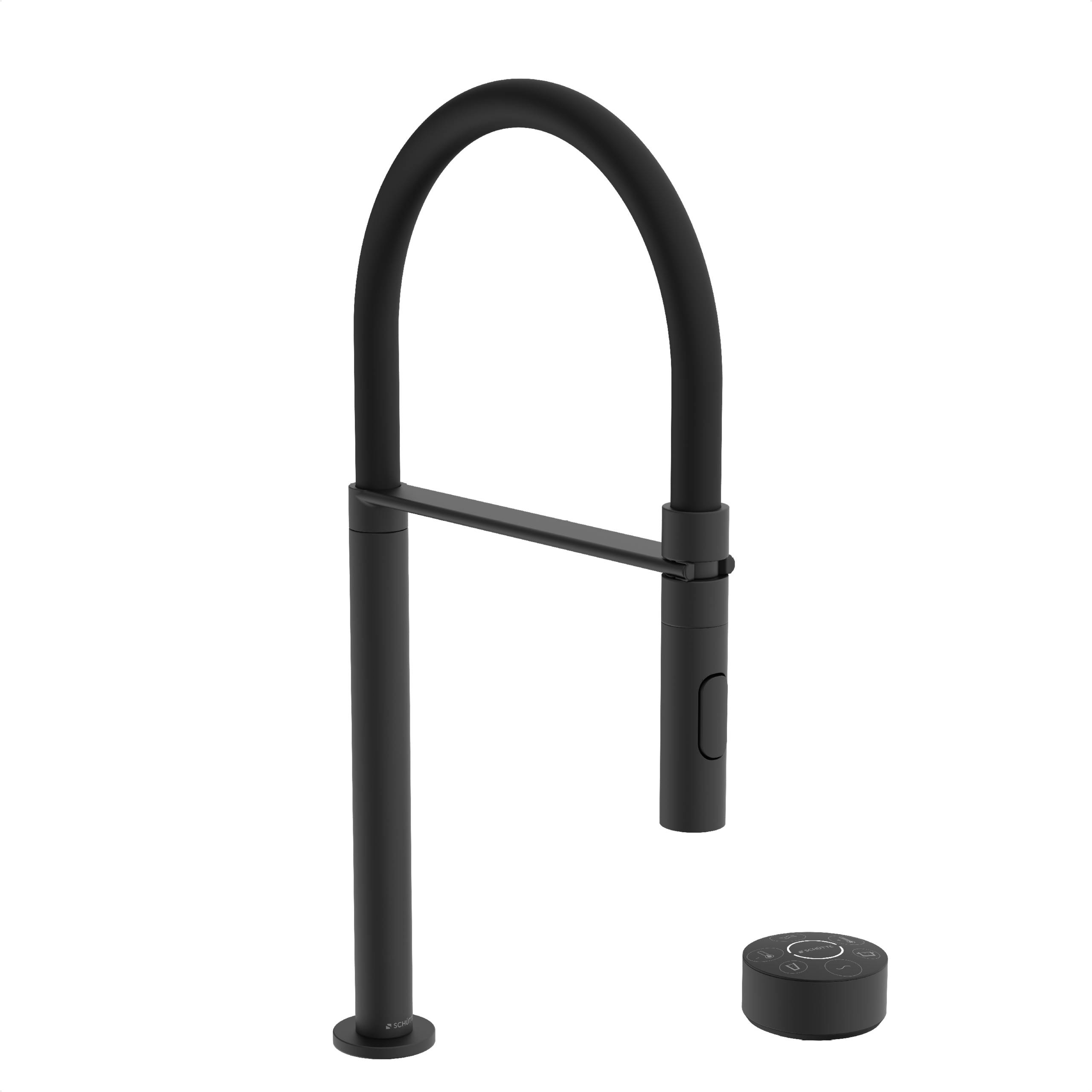 Schwarzer Küchenhahn mit hohem Bogen-Design und separatem rundem Bedienungsknopf. Ausgestattet mit ausziehbarer Brause für vielseitige Anwendungsmöglichkeiten.