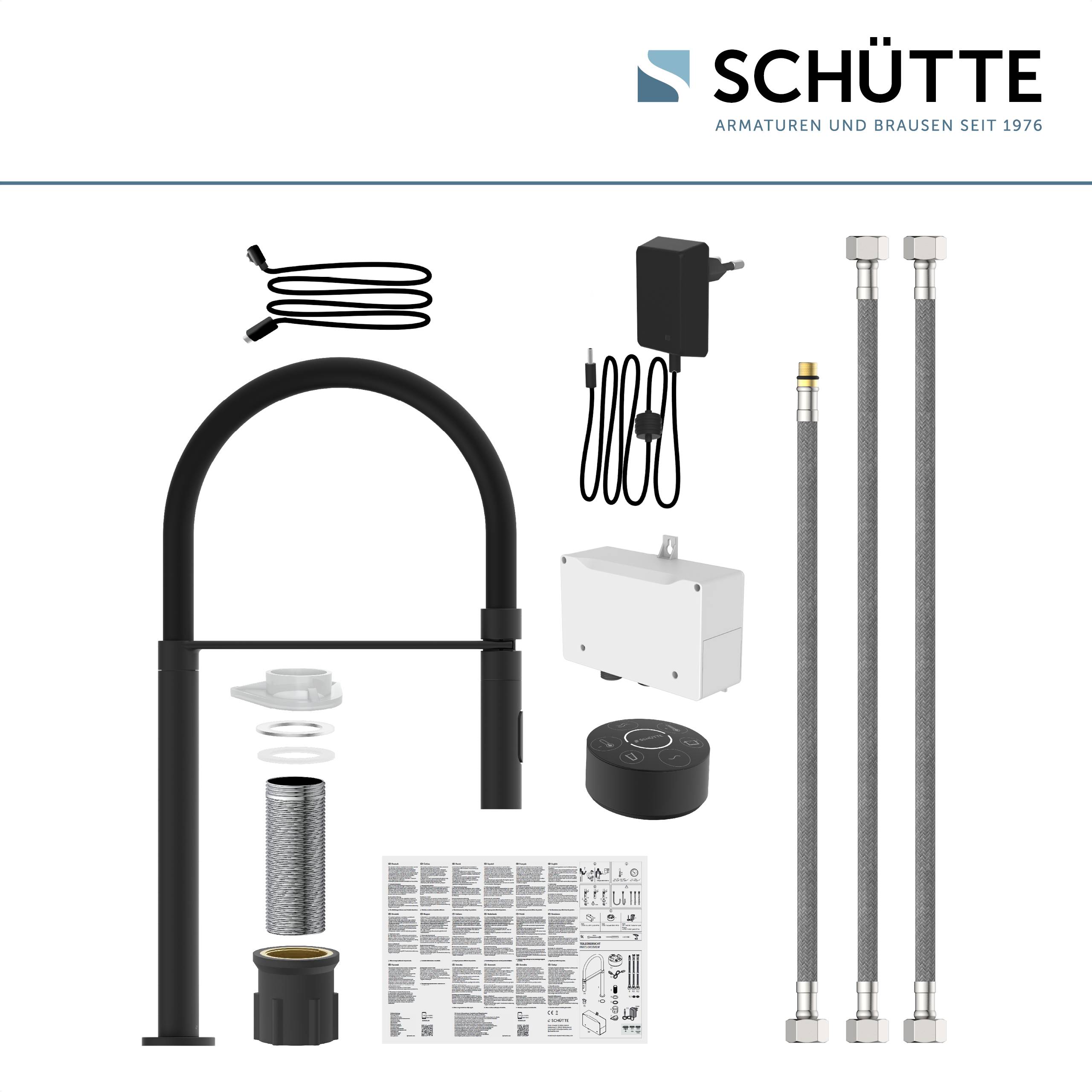 Komponenten eines modernen Küchenarmatur-Sets, einschließlich eines schwarzen Wasserhahns, Schläuche, Adapter, Steuerungseinheit und Montageanleitung, von Schütte.