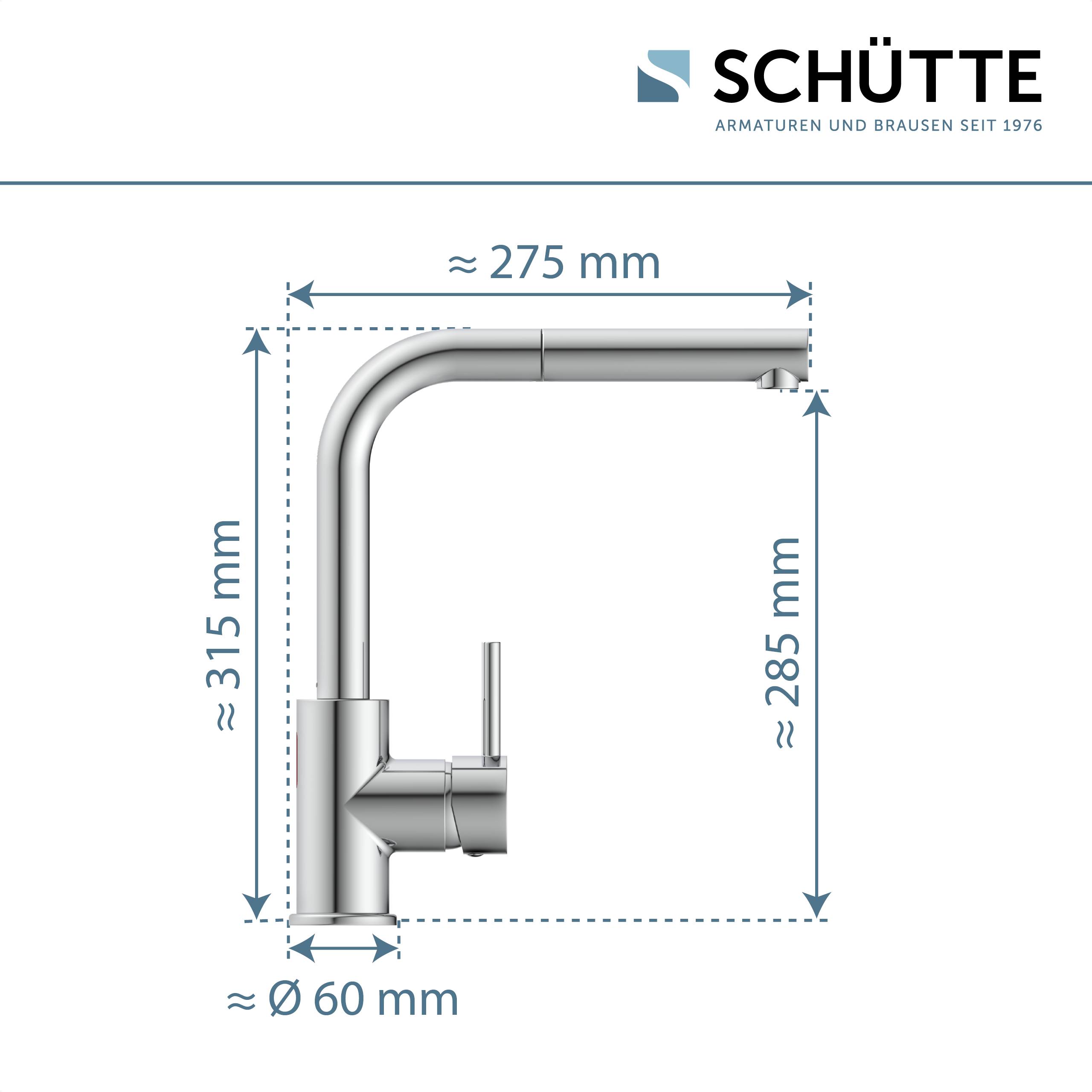 Schütte-Armaturendiagramm mit Abmessungen: 275 mm Breite, 315 mm Höhe, 60 mm Basisdurchmesser und 285 mm Auslaufhöhe.