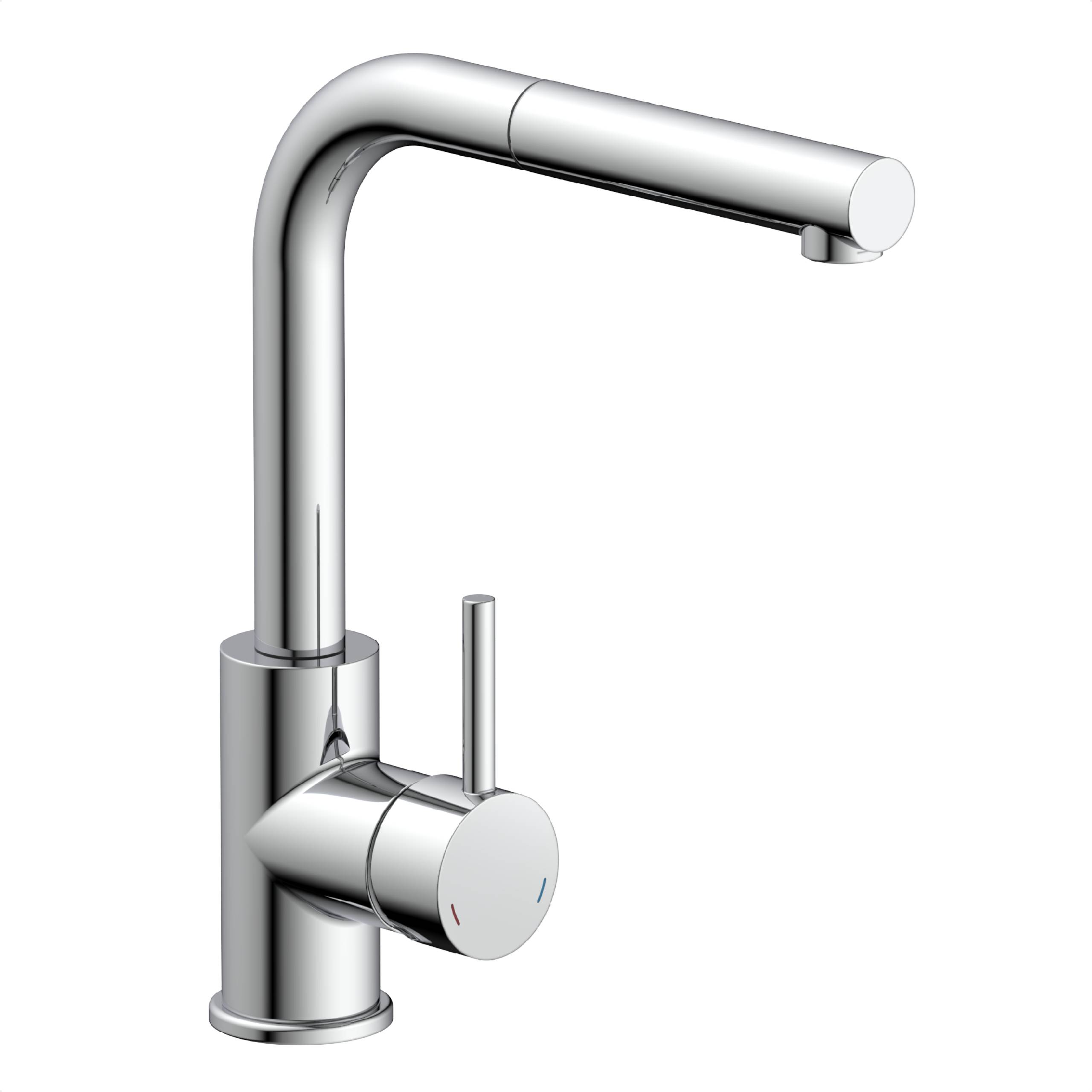 Ein moderner Küchenarmatur aus Chrom mit zylindrischem Auslauf, Einhebelgriff und schlankem Design.