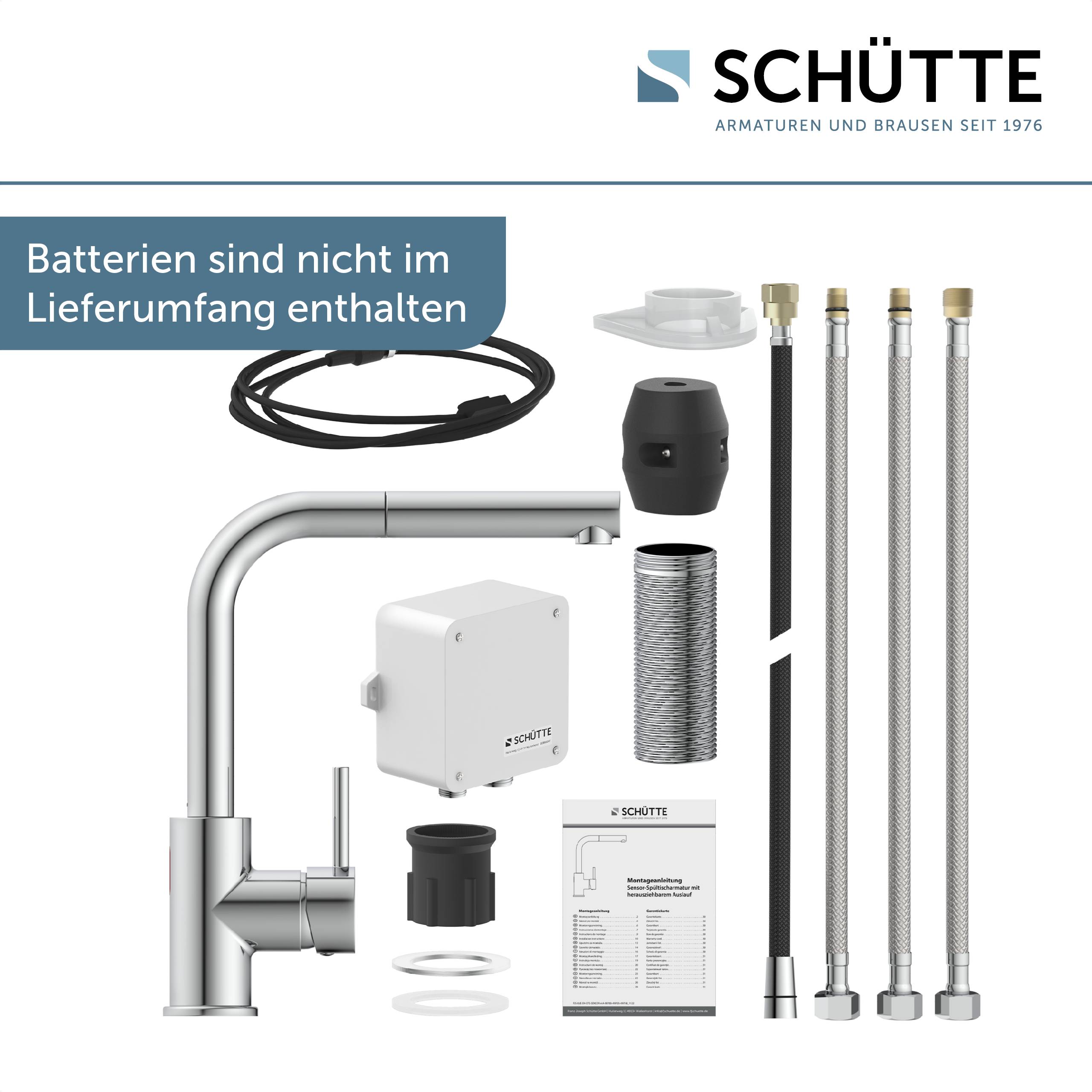 Bild eines Schütte-Armaturensets mit verschiedenen Komponenten, einschließlich Schläuche, Verschraubungen und Verbinder. Hinweis besagt: „Batterien nicht enthalten.