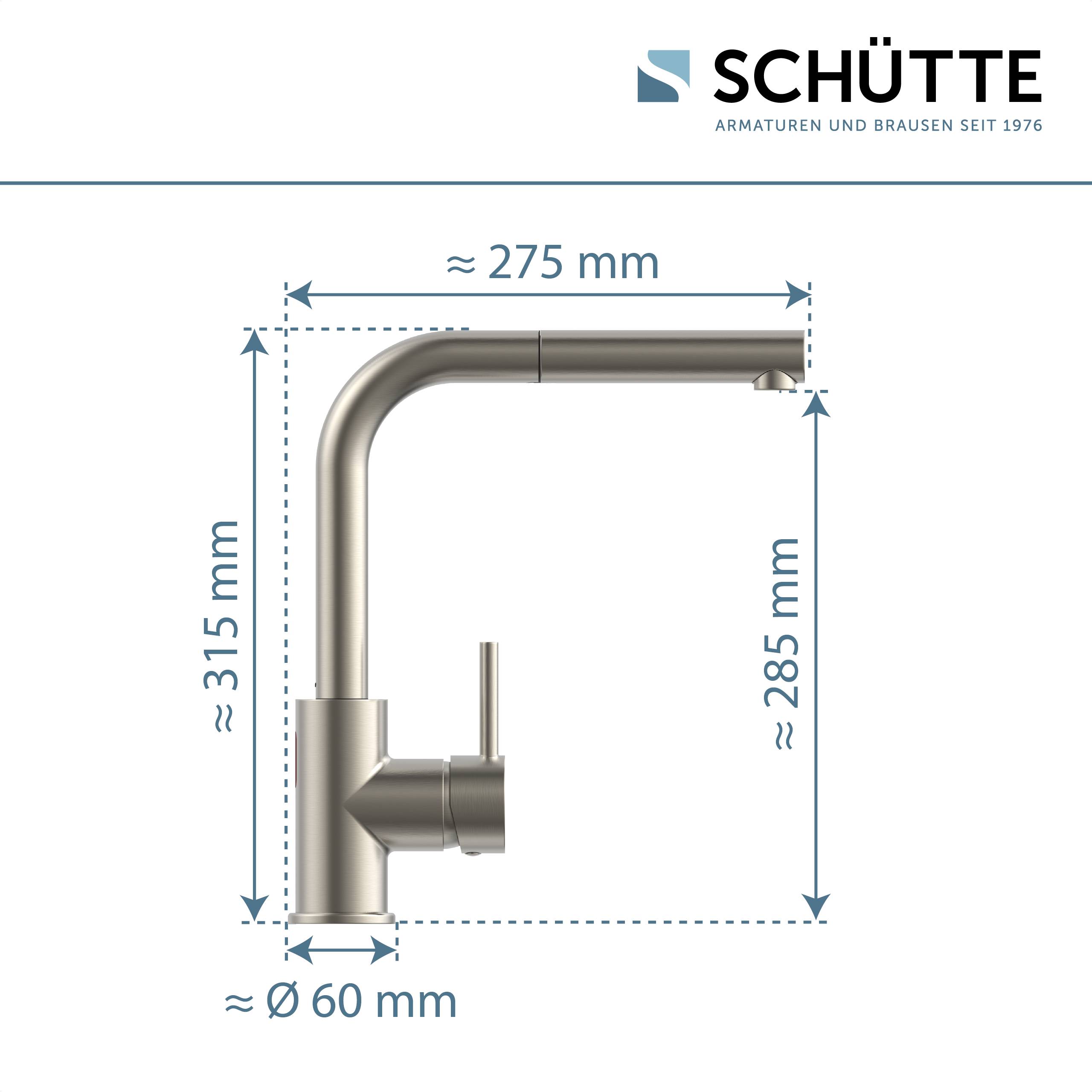 Ein Diagramm eines Wasserhahns mit Abmessungen: Höhe 315 mm, Auslauflänge 275 mm, Auslauffhöhe 285 mm, Basisdurchmesser 60 mm. Markenname 'SCHÜTTE'.
