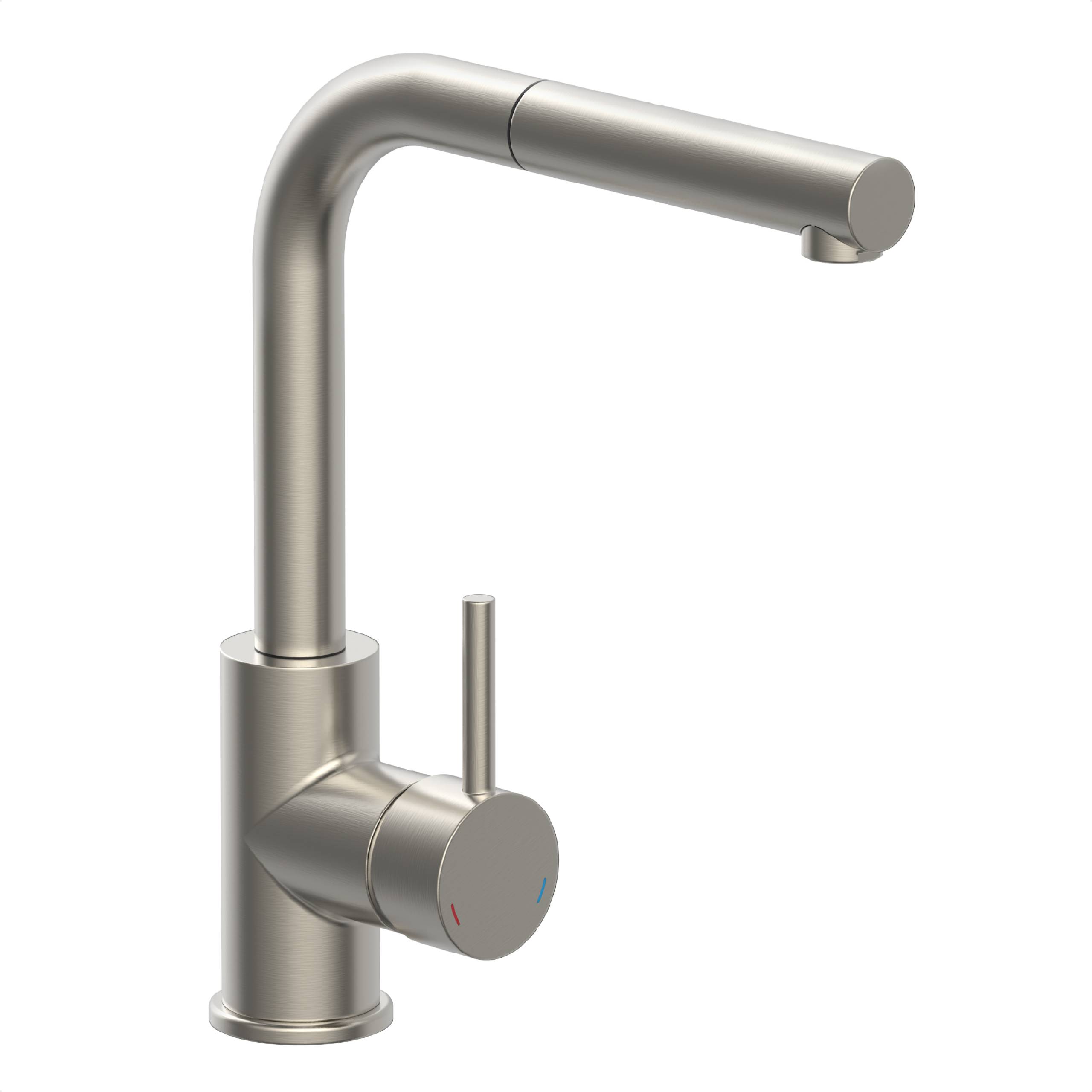 Ein Edelstahl-Küchenarmatur mit modernem, zylindrischem Design und einem einzigen Griff zur Einstellung der Wassertemperatur und des Wasserdurchflusses.